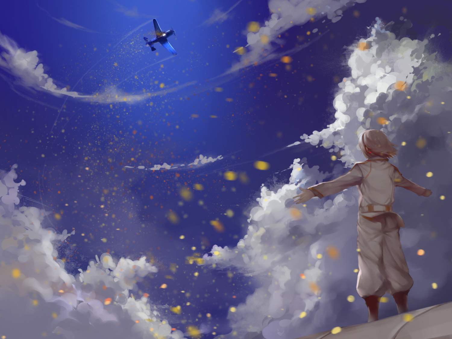 aircraft, clouds, gray_hair, m874, scenic, short_hair, sky, toaru_hikuushi_e_no_tsuioku