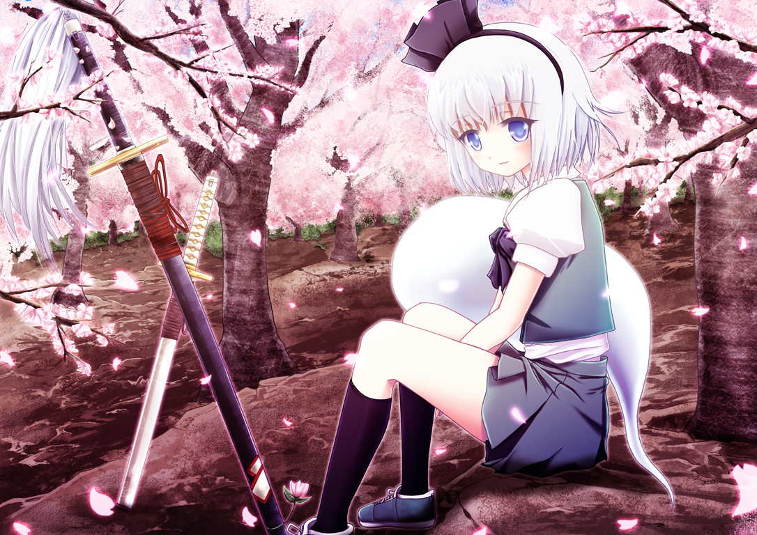 blue_eyes, bow, cherry_blossoms, dress, flowers, katana, kneehighs, konpaku_youmu
