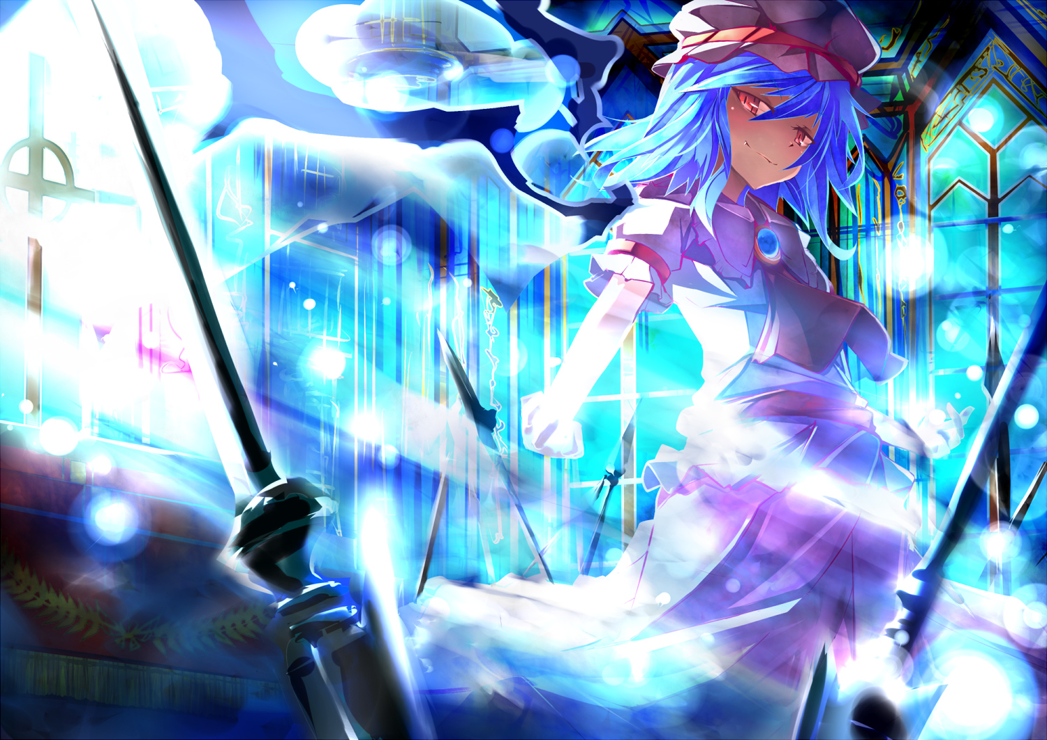 blue_hair, dress, hat, momiji_oroshi, red_eyes, remilia_scarlet, short_hair, touhou