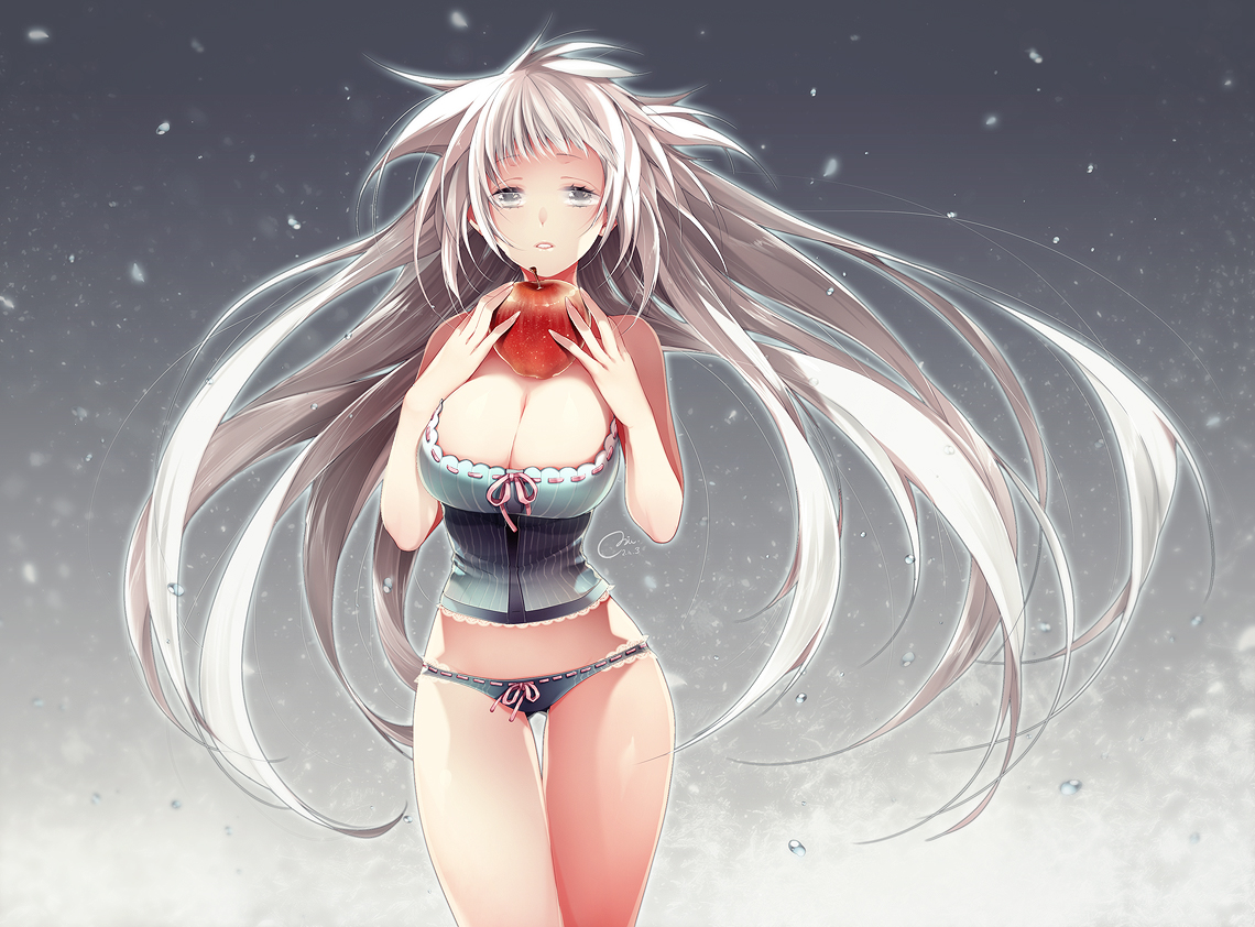 apple, breasts, cleavage, food, fruit, gray_eyes, long_hair, mirunai, panties, signed, tagme, underwear, white_hair