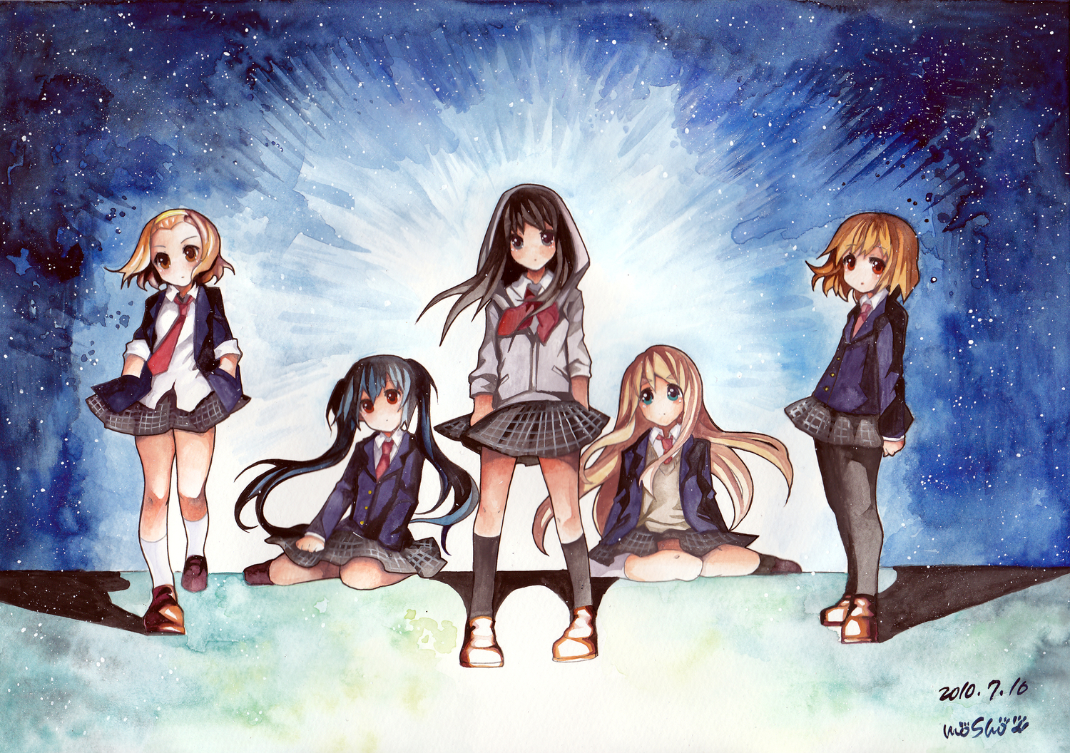 akiyama_mio, black_eyes, black_hair, blonde_hair, blue_eyes, blue_hair, brown_eyes, brown_hair, hirasawa_yui, kneehighs, k-on!, kotobuki_tsumugi, mosho, nakano_azusa, pantyhose, school_uniform, skirt, tainaka_ritsu, tie, twintails