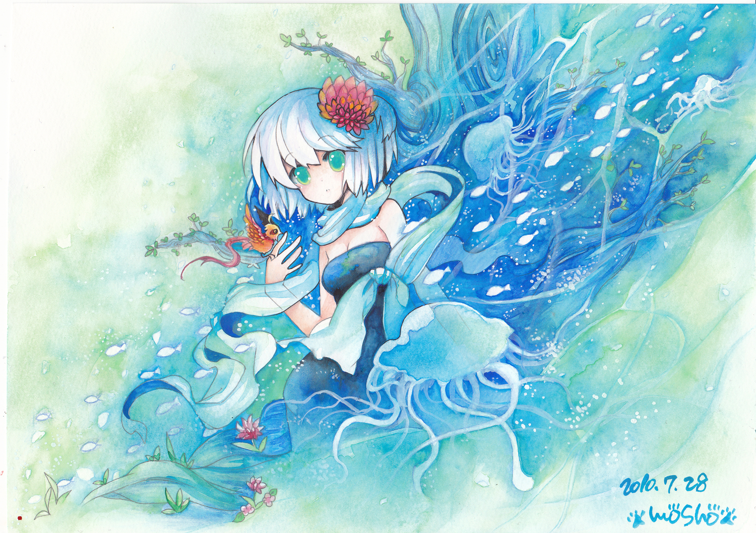 animal, bird, dress, fish, flowers, green_eyes, mosho, original