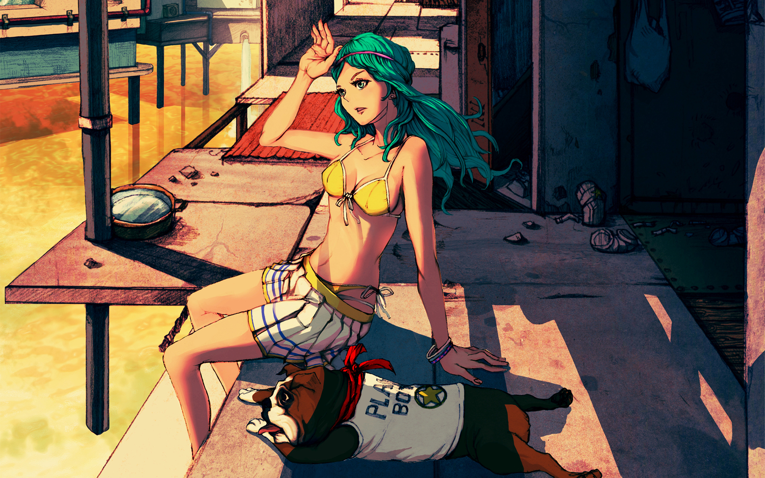 animal, bikini, dog, green_eyes, green_hair, long_hair, swimsuit, wyx2