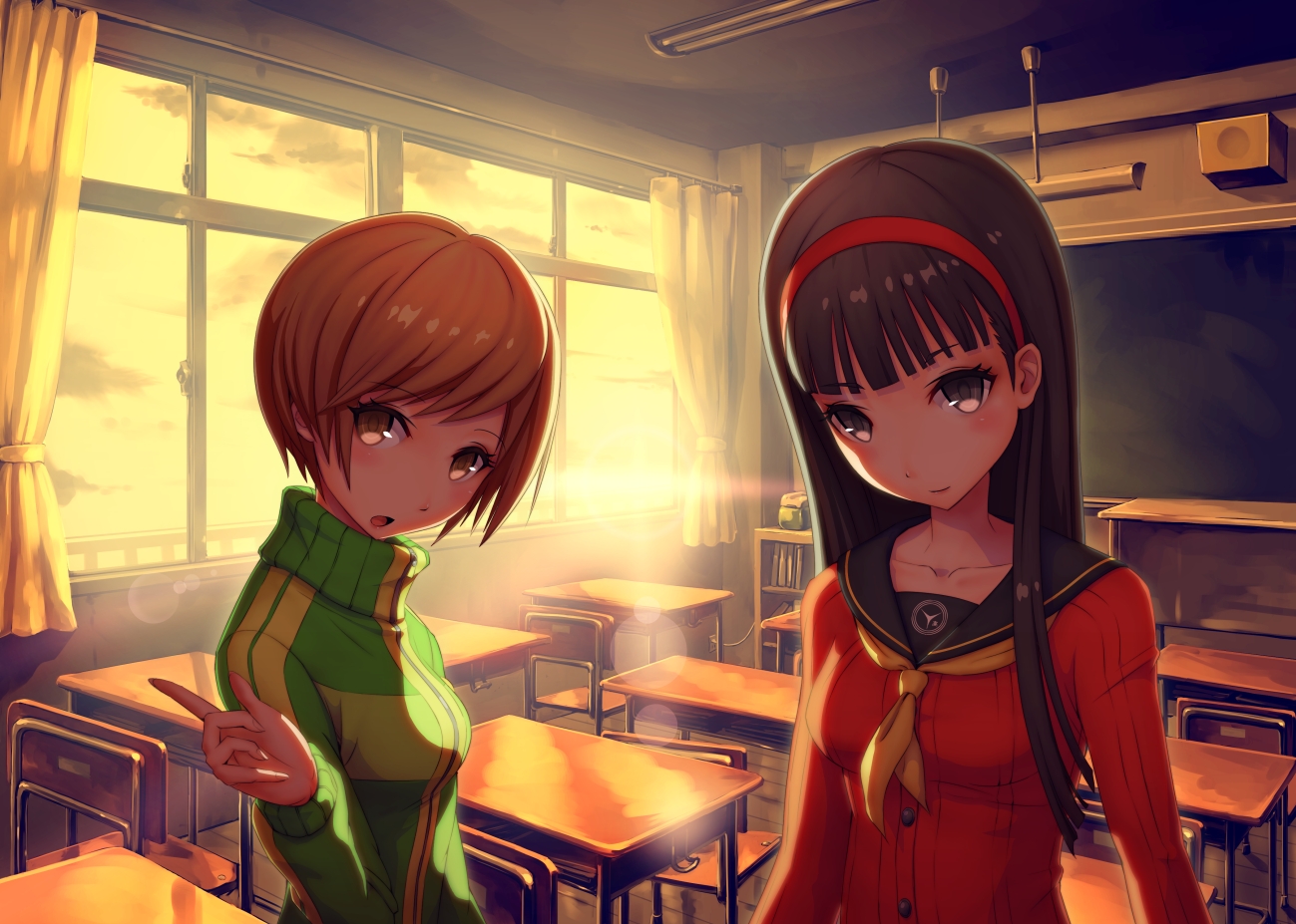 2girls, amagi_yukiko, black_eyes, black_hair, brown_eyes, brown_hair, daizo, headband
