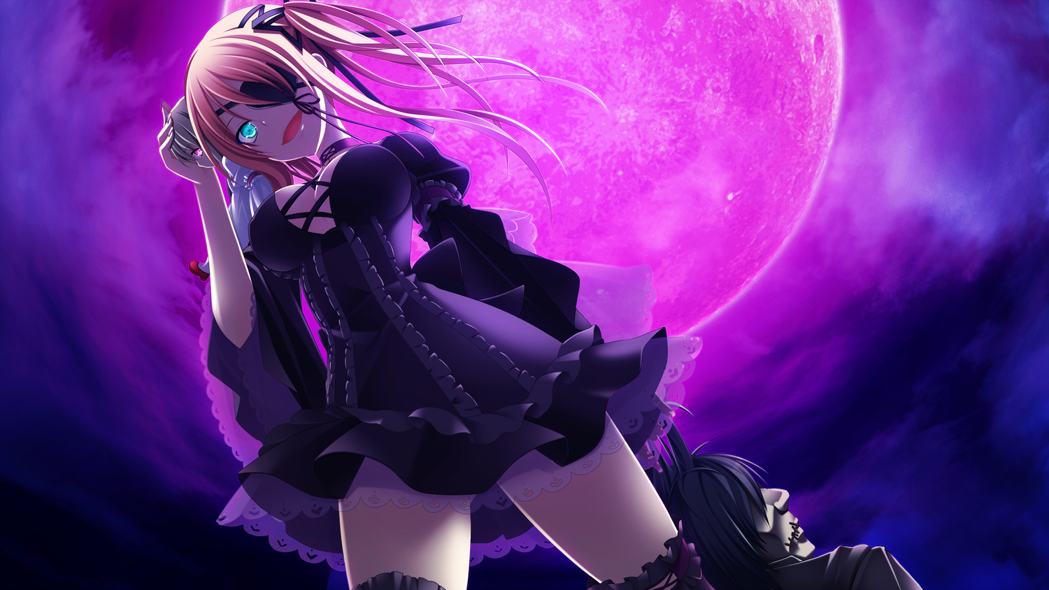 blonde_hair, blue_eyes, doll, dress, eyepatch, game_cg, irina_e_tolstaia, makita_maki, moon, shinigami_no_testament