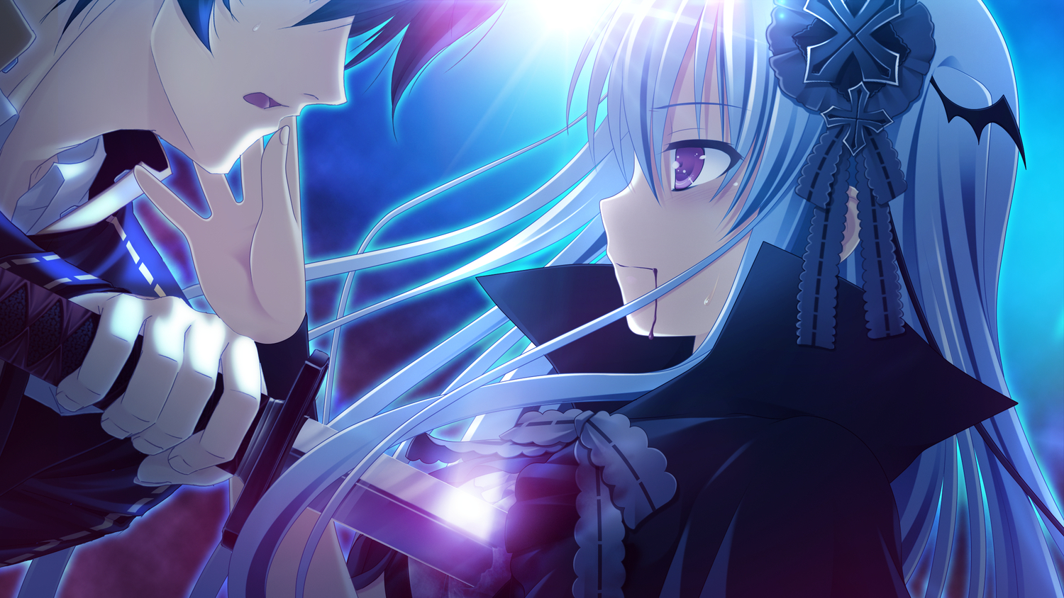 asayama_rui, blood, game_cg, katana, makita_maki, red_eyes, shinigami_no_testament, sword, vivi_alhazerd, weapon, white_hair