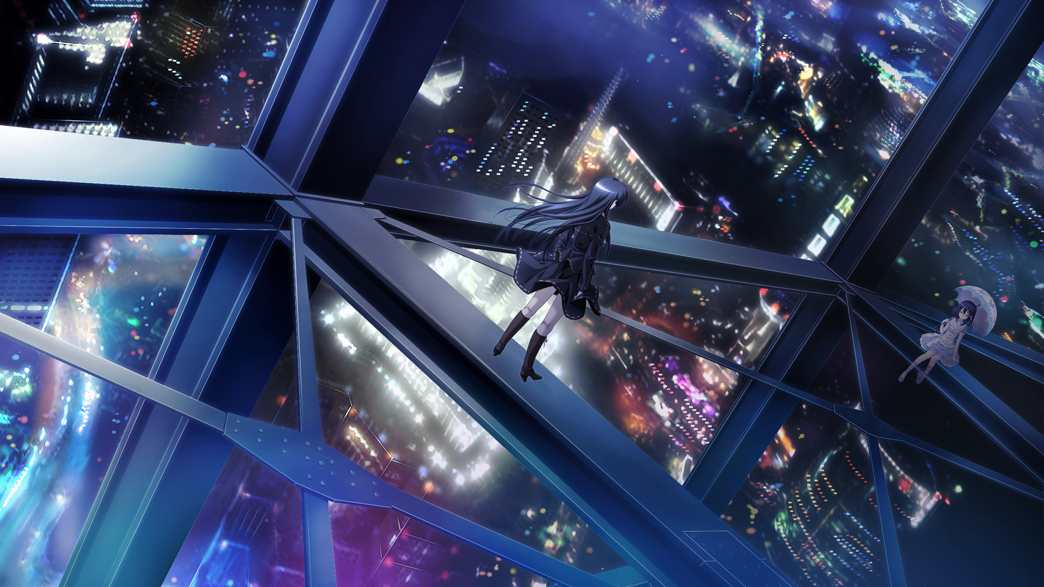 2girls, black_hair, building, city, game_cg, ichinose_yua, makita_maki, nine_(shinigami_no_testament)