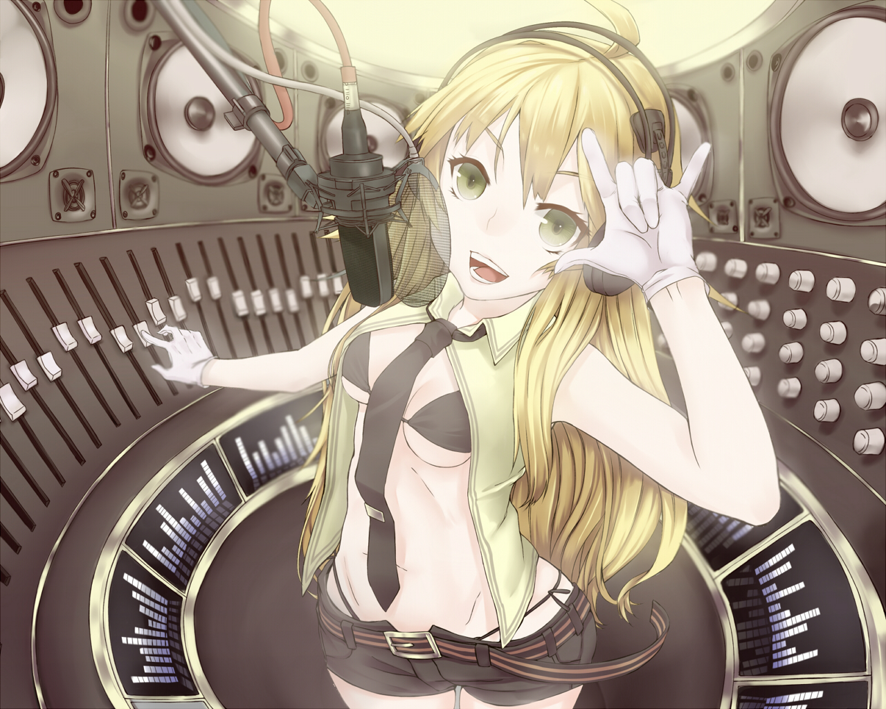 bikini_top, blonde_hair, gloves, headphones, hoshii_miki, idolmaster, microphone, shiro_shougun, tie