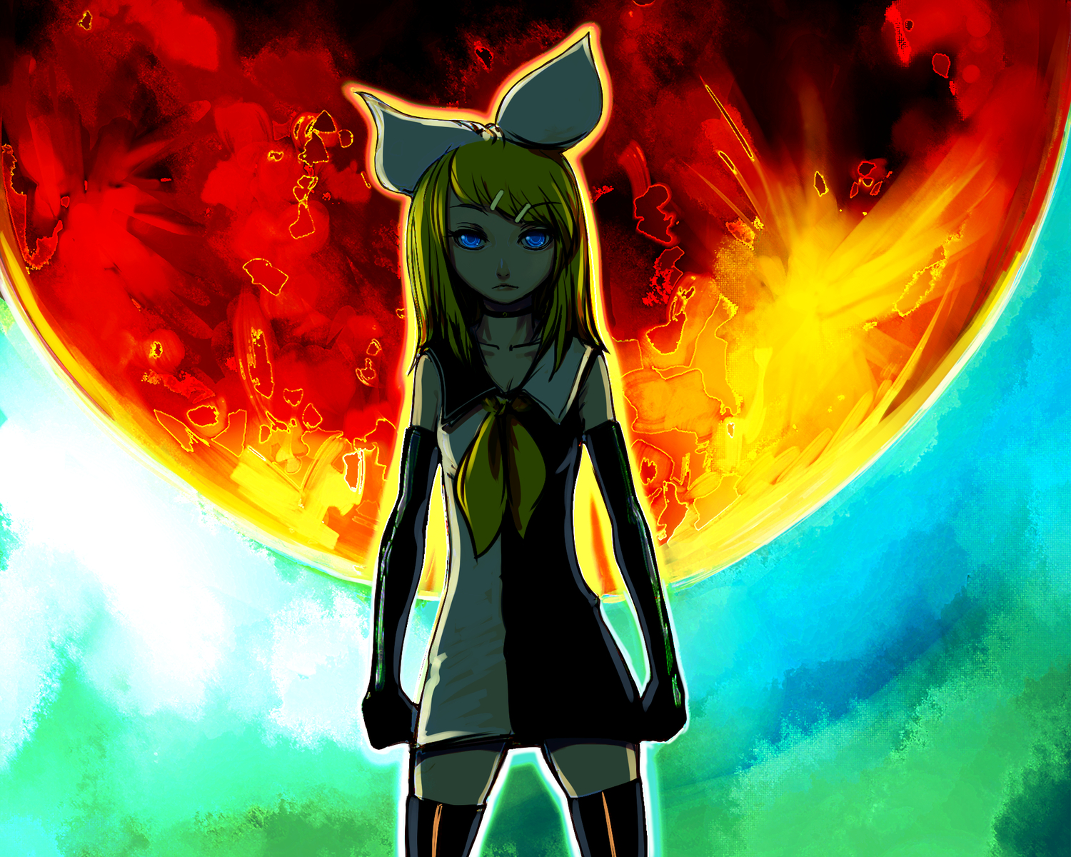 blonde_hair, blue_eyes, boots, elbow_gloves, gloves, kagamine_rin, kansou_samehada, meltdown_(vocaloid)
