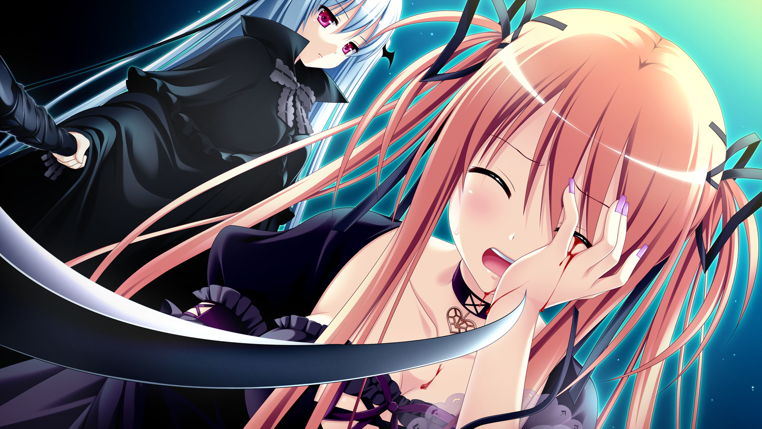 2girls, blood, game_cg, irina_e_tolstaia, long_hair, makita_maki, red_eyes, shinigami_no_testament
