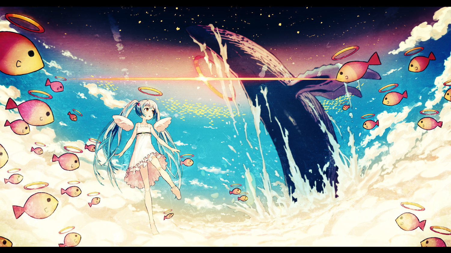 angel, animal, asgr, barefoot, clouds, dress, fish, halo