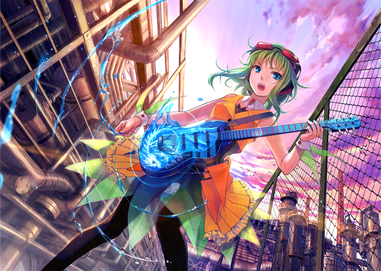blue_eyes, bones, city, fuji_choko, fujiwara, goggles, green_hair, guitar, gumi, headphones, instrument, microphone, pantyhose, short_hair, sky, vocaloid, water, wristwear