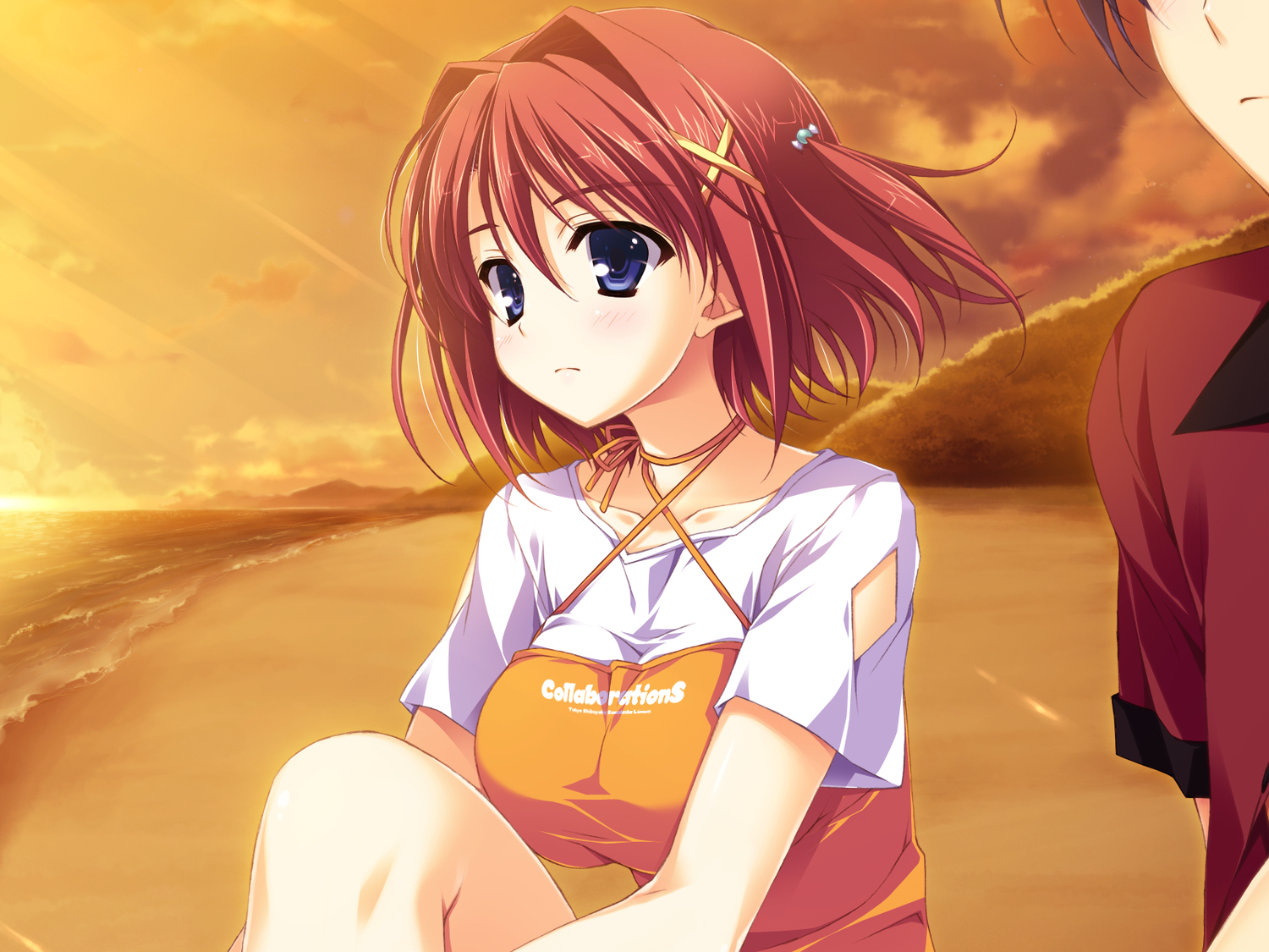 akabeisoft2, beach, blue_eyes, game_cg, kourin_no_machi_lavender_no_shoujo, short_hair, sky, sunset