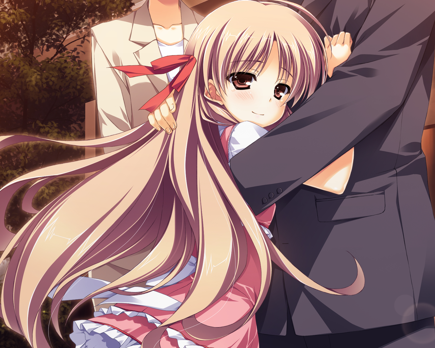 akabeisoft2, brown_eyes, brown_hair, dress, game_cg, hug, kourin_no_machi_lavender_no_shoujo, loli