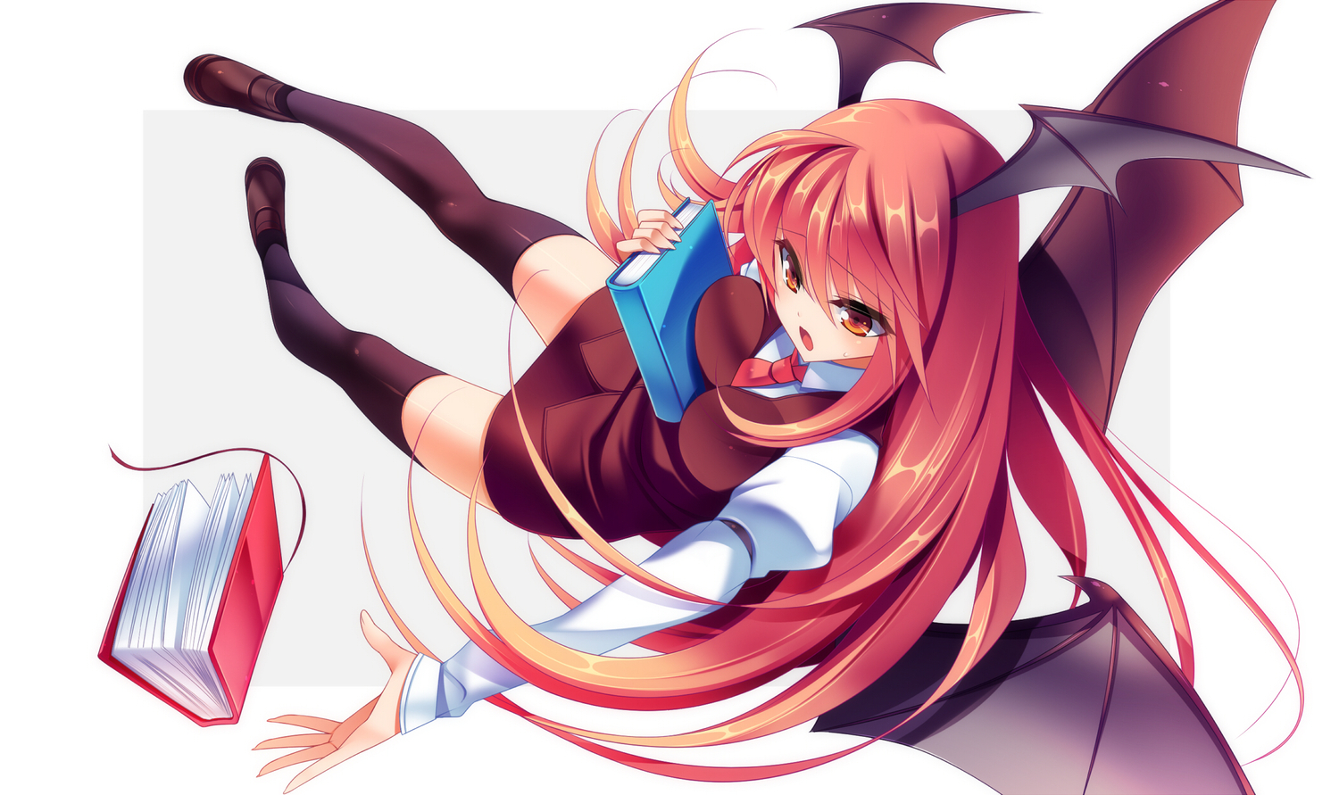 book, demon, dragonmaterial, koakuma, long_hair, orange_eyes, thighhighs, touhou