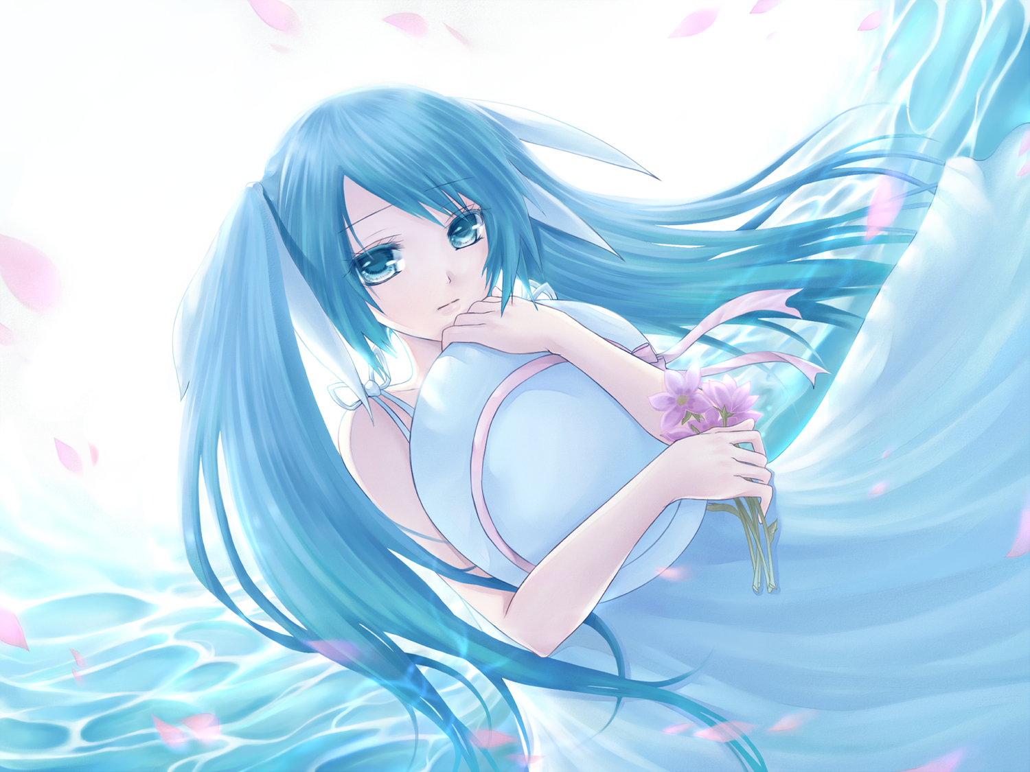 aqua_eyes, aqua_hair, flowers, hatsune_miku, kurone_kuroneko, twintails, vocaloid