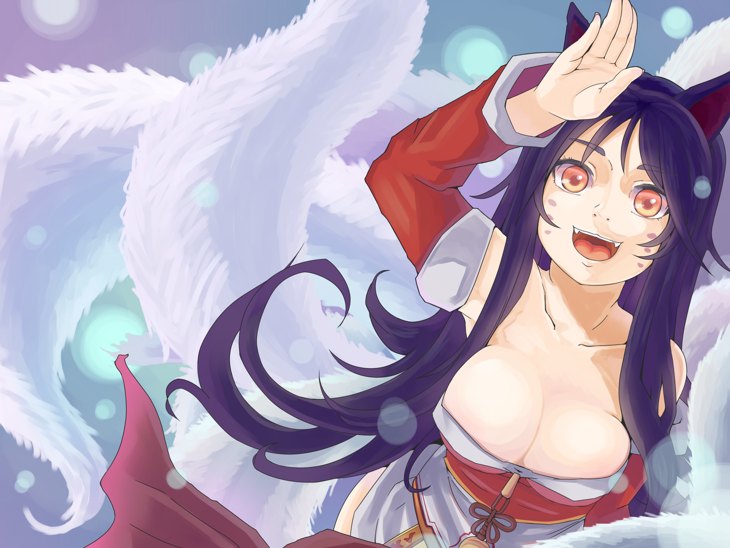 ahri_(league_of_legends), animal_ears, breasts, cleavage, foxgirl, league_of_legends, long_hair, multiple_tails, orange_eyes, purple_hair, srx61800, tail