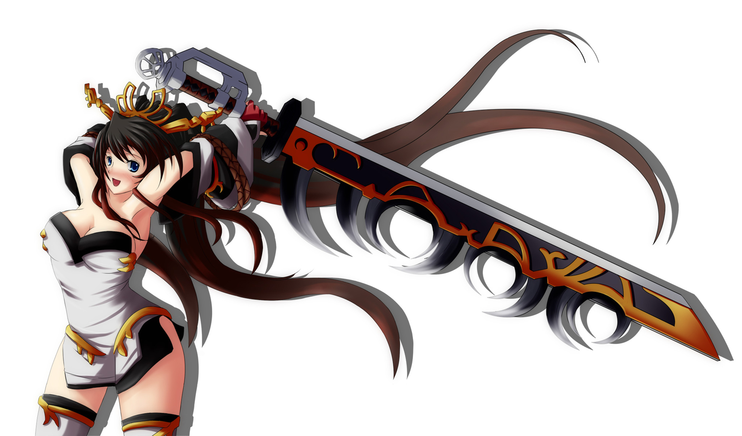 blue_eyes, blush, breasts, brown_hair, cleavage, gloves, headdress, jpeg_artifacts, long_hair, nanbu_kaguya, srx61800, super_robot_wars, sword, thighhighs, weapon, white