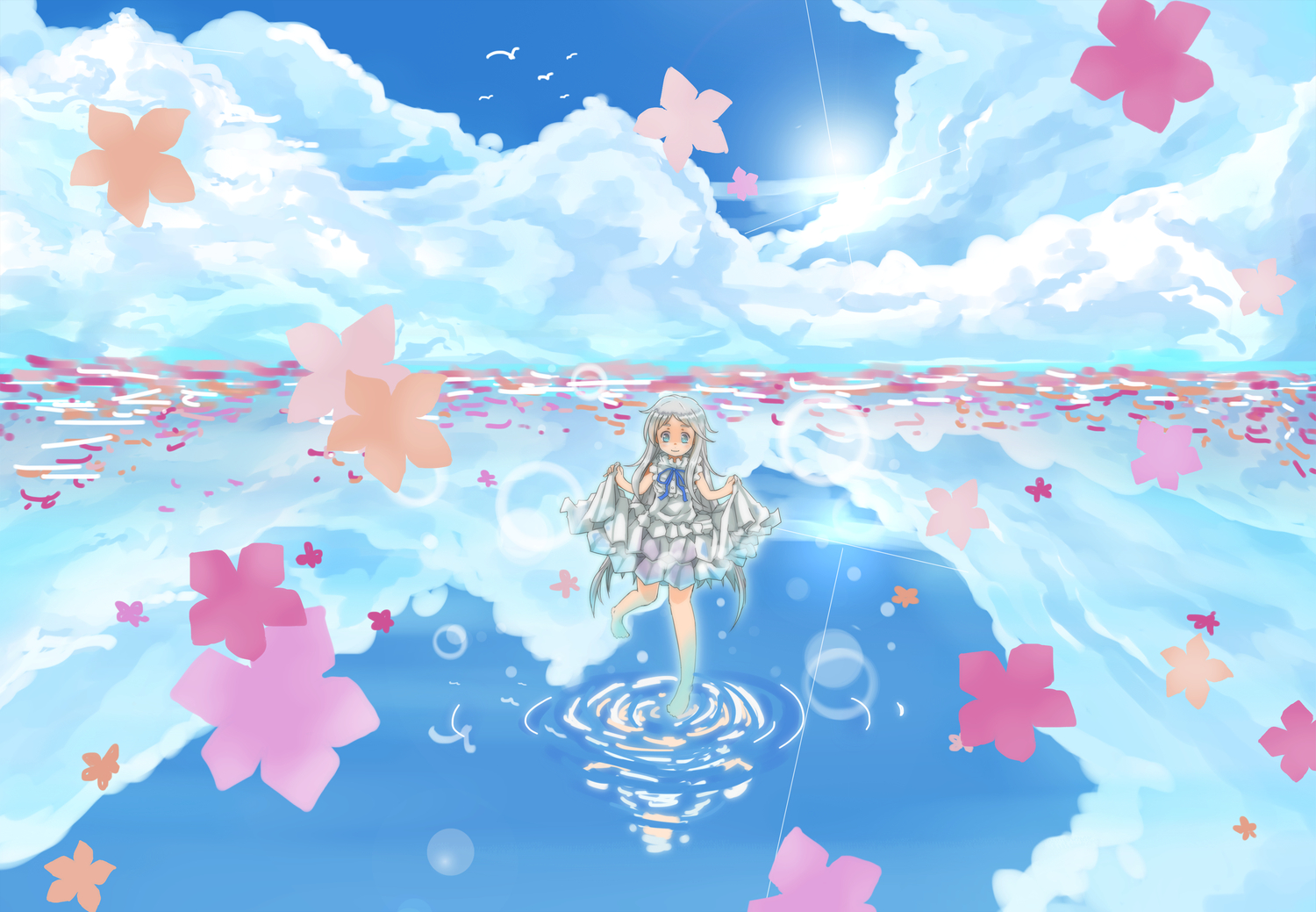 ano_hi_mita_hana_no_namae_wo_bokutachi_wa_mada_shiranai, blue_eyes, clouds, dress, flowers, gray_hair, honma_meiko, long_hair