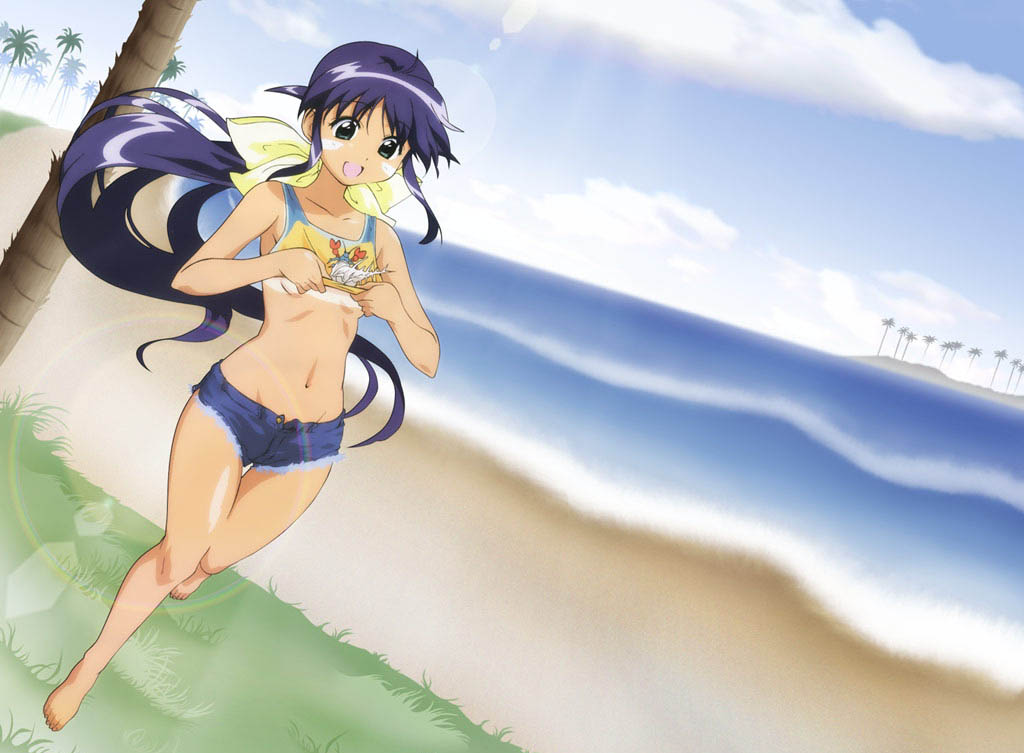 andou_mahoro, beach, mahoromatic, shirt_lift, tan_lines