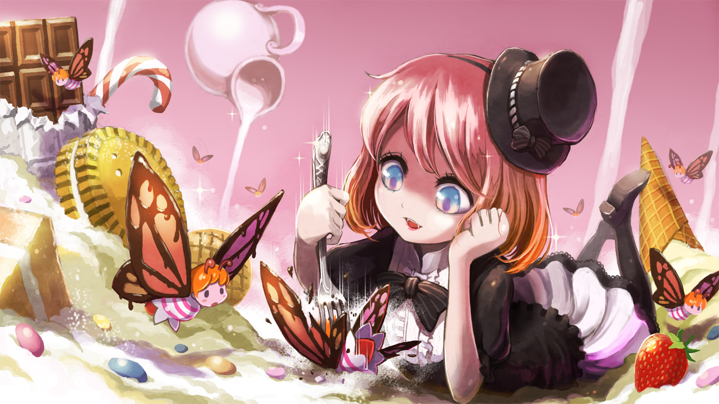 blonde_hair, blue_eyes, butterfly, dress, fang, food, goth-loli, hat