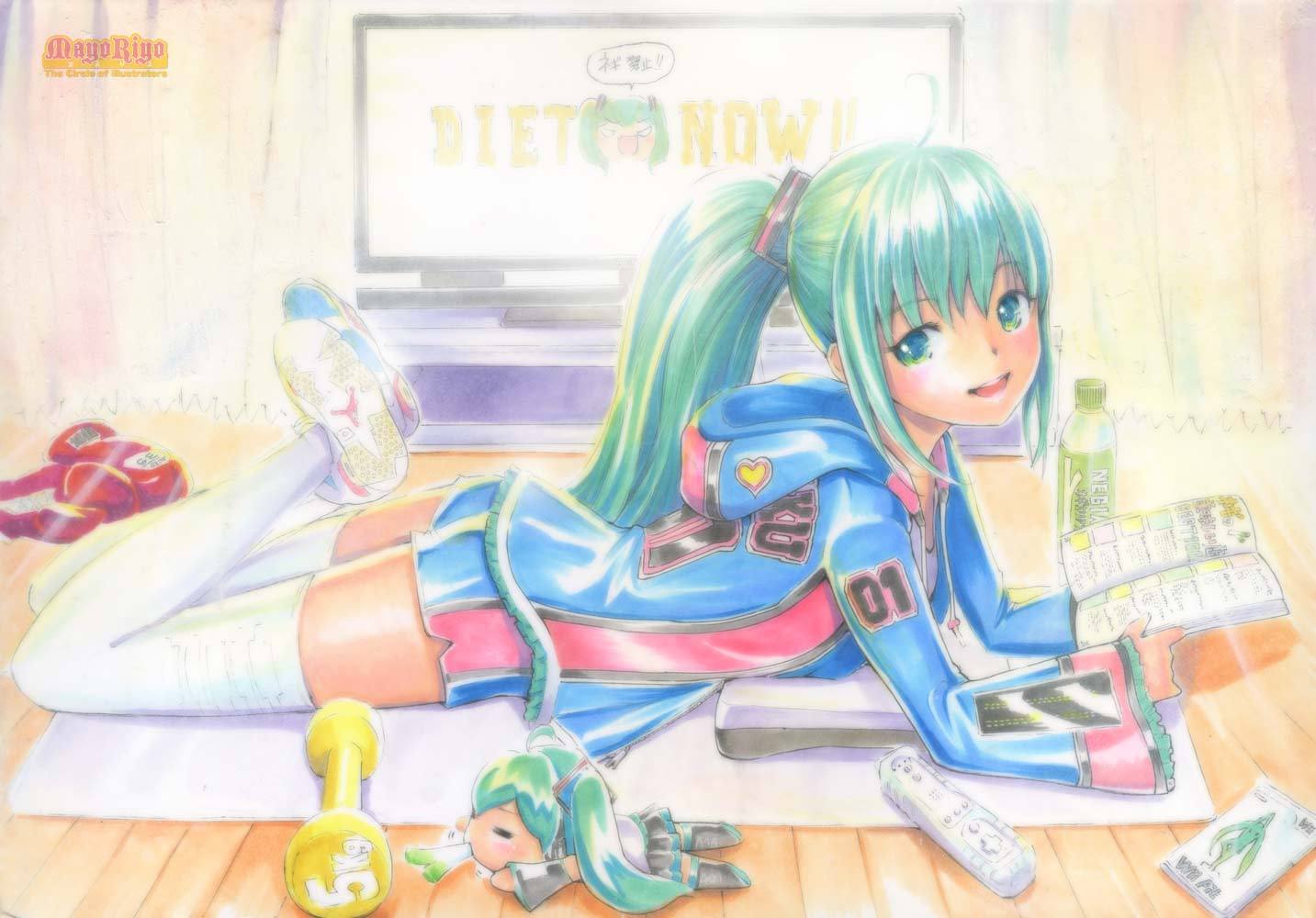 drink, hachune_miku, hatsune_miku, leek, long_hair, mayo_riyo, ponytail, shorts