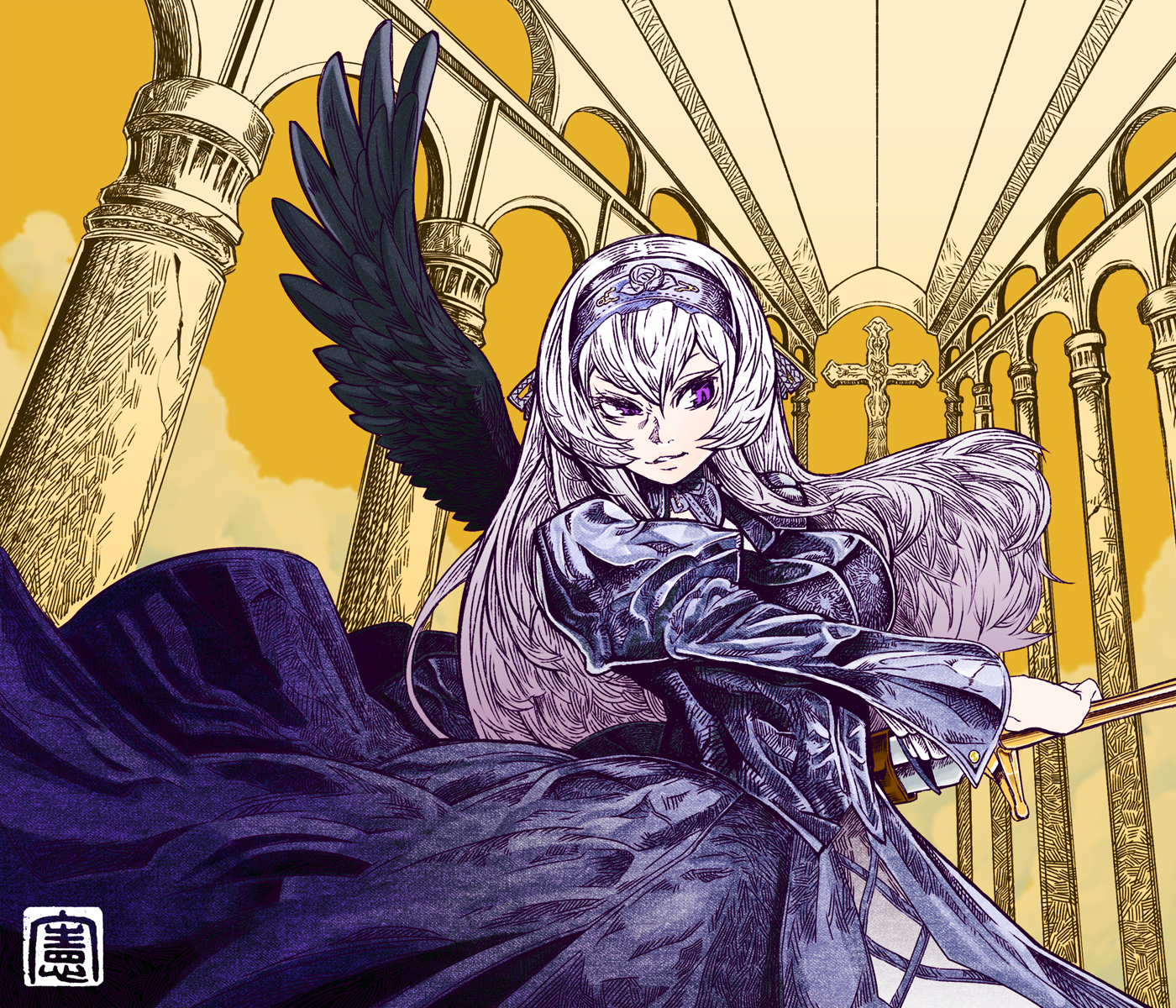 echizenya_tawara_no_kai_norihiko, gray_hair, long_hair, purple_eyes, rozen_maiden, suigintou, wings