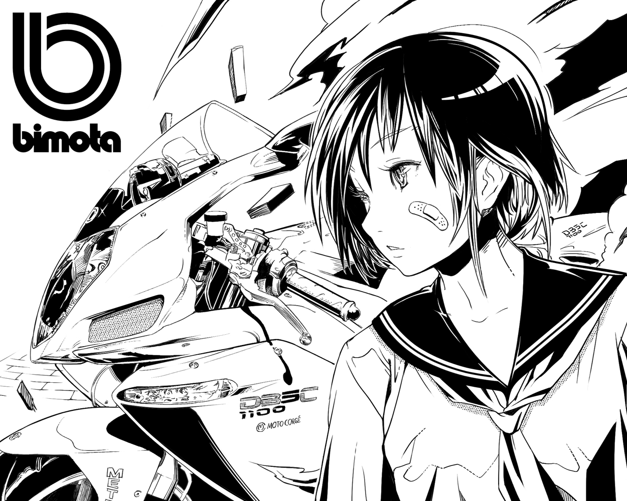 bandaid, echizenya_tawara_no_kai_norihiko, monochrome, motorcycle, school_uniform, short_hair