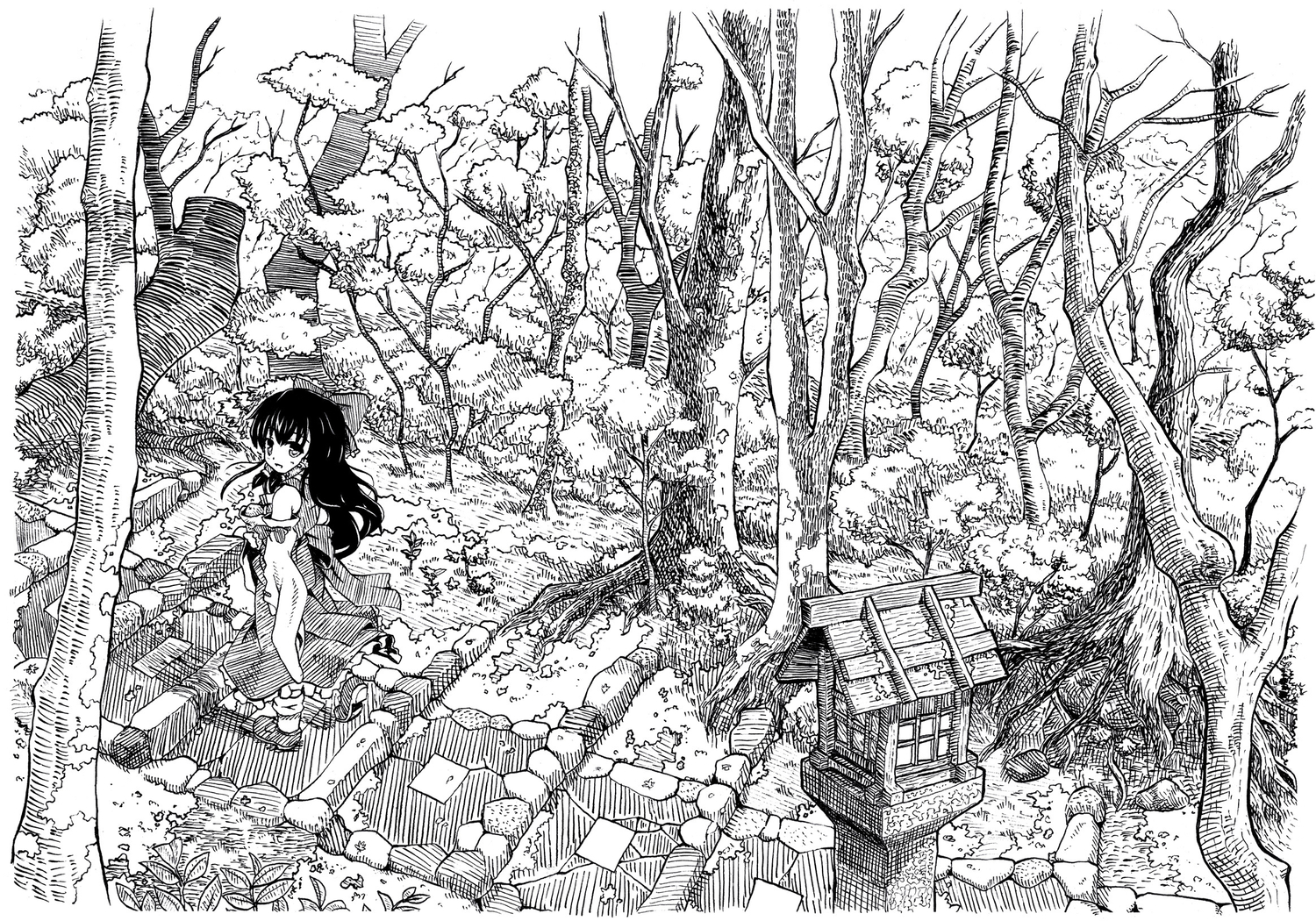 etogami_kazuya, forest, hakurei_reimu, japanese_clothes, long_hair, miko, monochrome, touhou