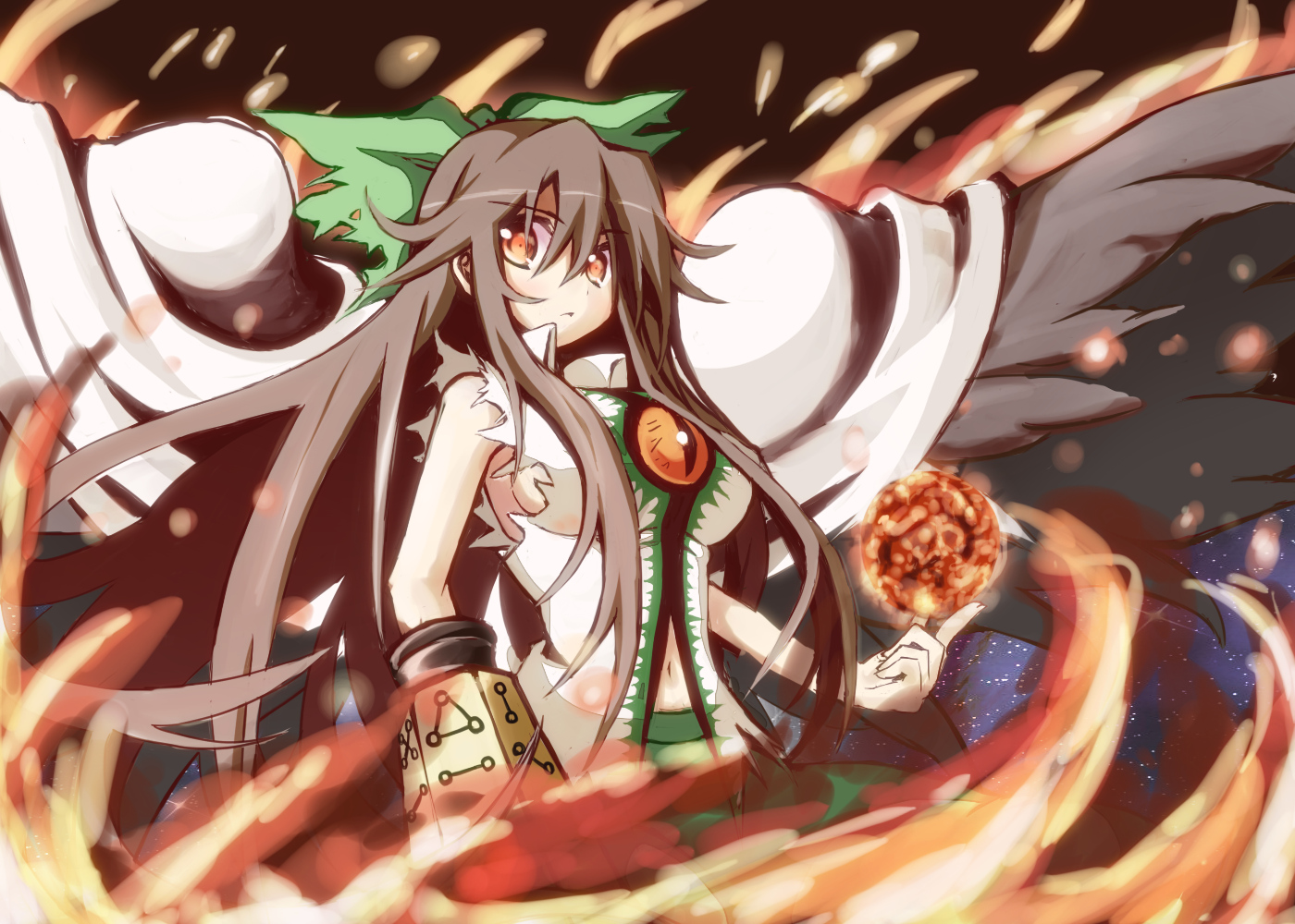 bow, brown_hair, cape, exion_(neon), long_hair, orange_eyes, reiuji_utsuho, touhou, wings
