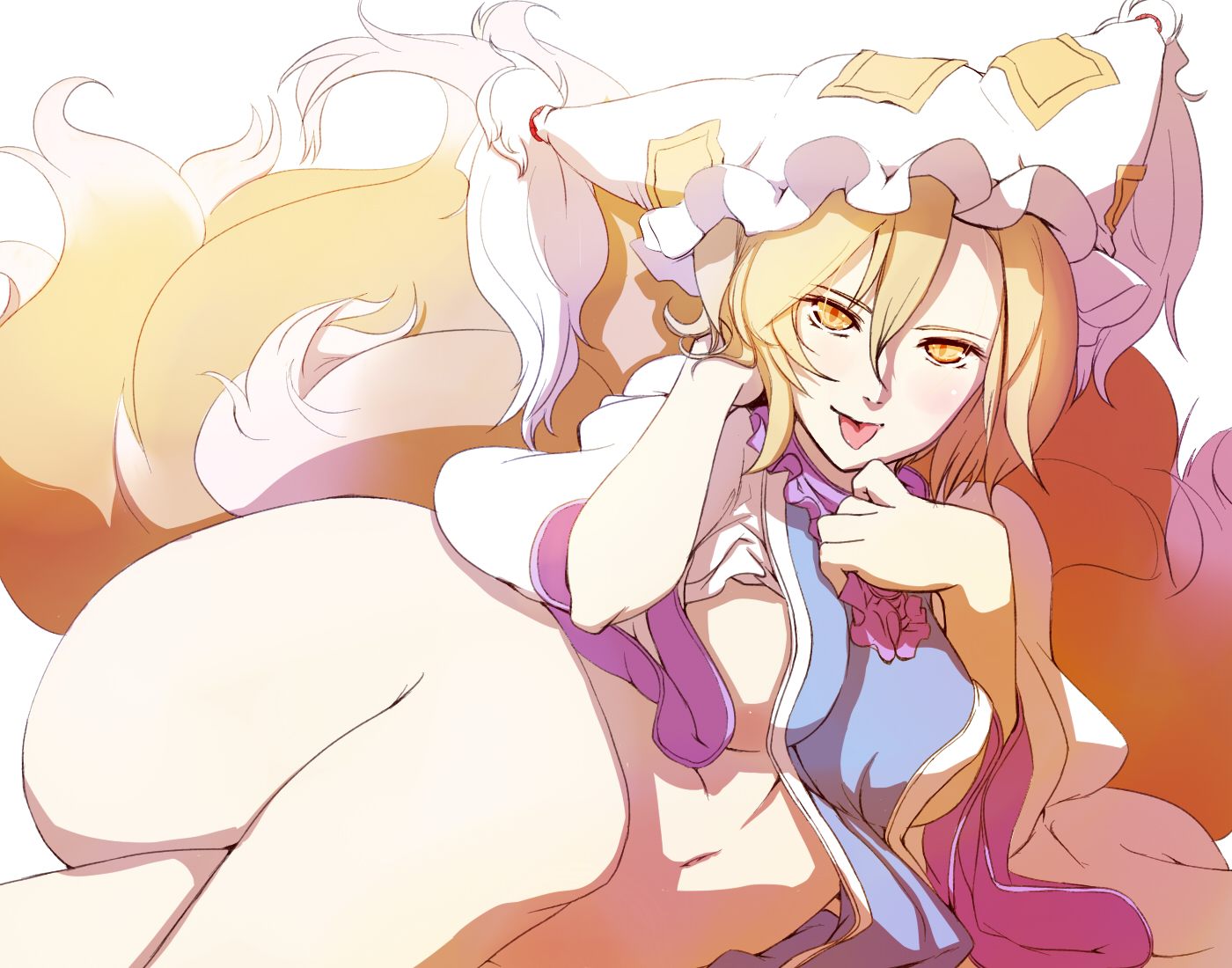 animal_ears, blonde_hair, breasts, cleavage, dearmybrothers, foxgirl, hat, multiple_tails, tail, touhou, yakumo_ran, yellow_eyes