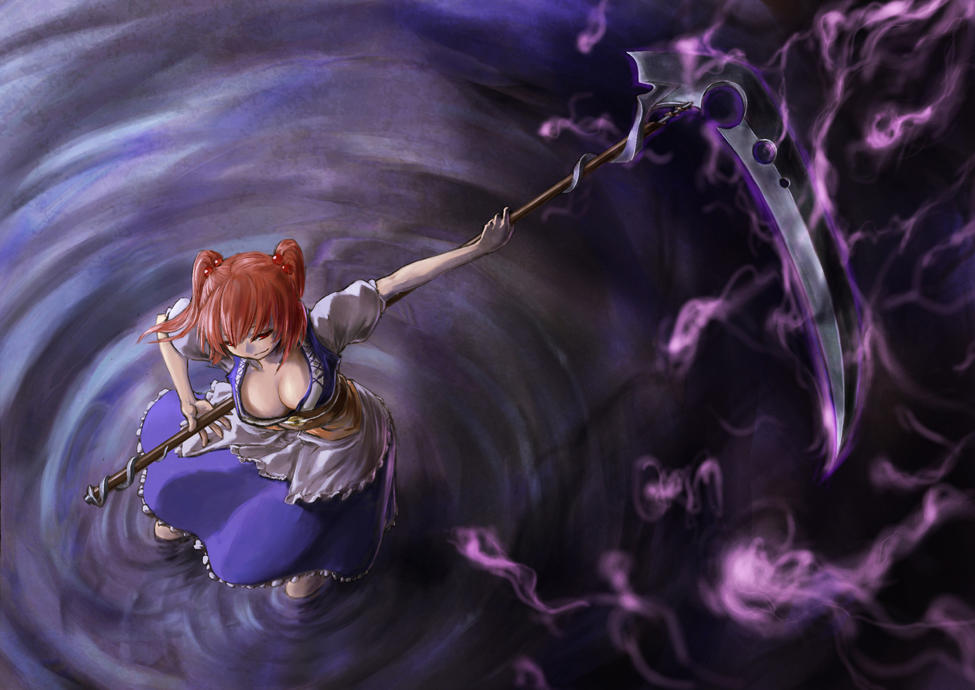breasts, cleavage, kath, onozuka_komachi, red_eyes, red_hair, scythe, short_hair, touhou, twintails, water, weapon