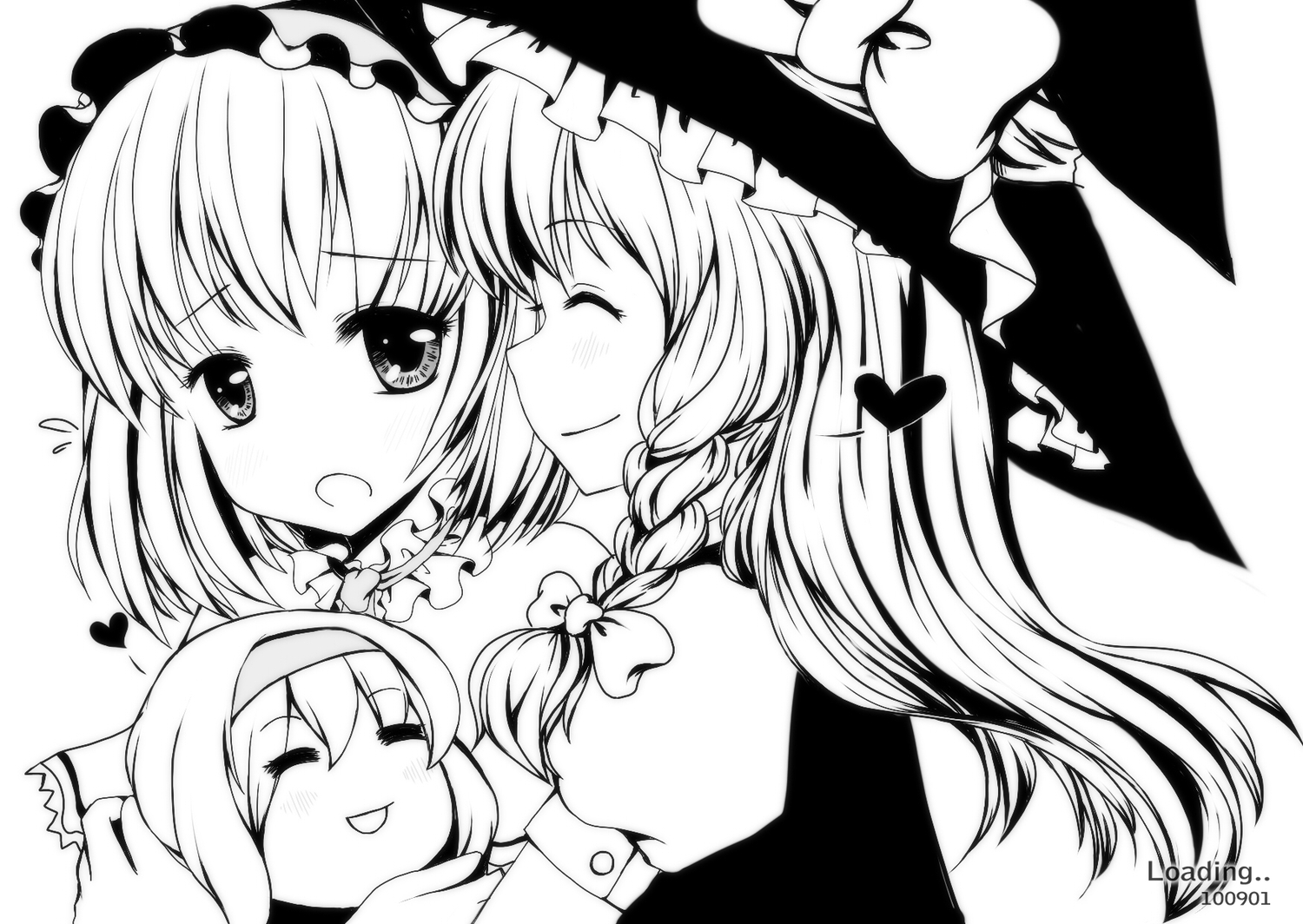 2girls, alice_margatroid, heart, kirisame_marisa, monochrome, touhou, verjuice, witch