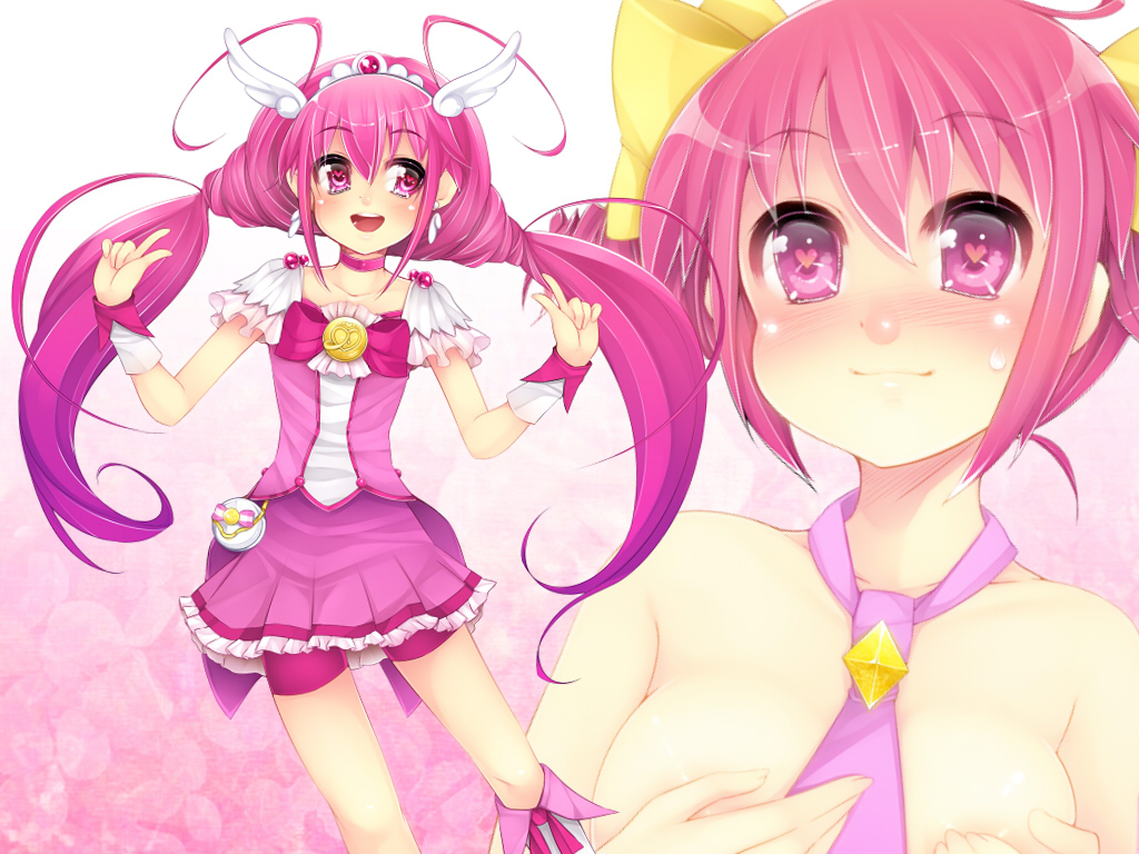 bow, breasts, cleavage, hoshizora_miyuki, pink_eyes, pink_hair, precure, serizawa_mutsuki