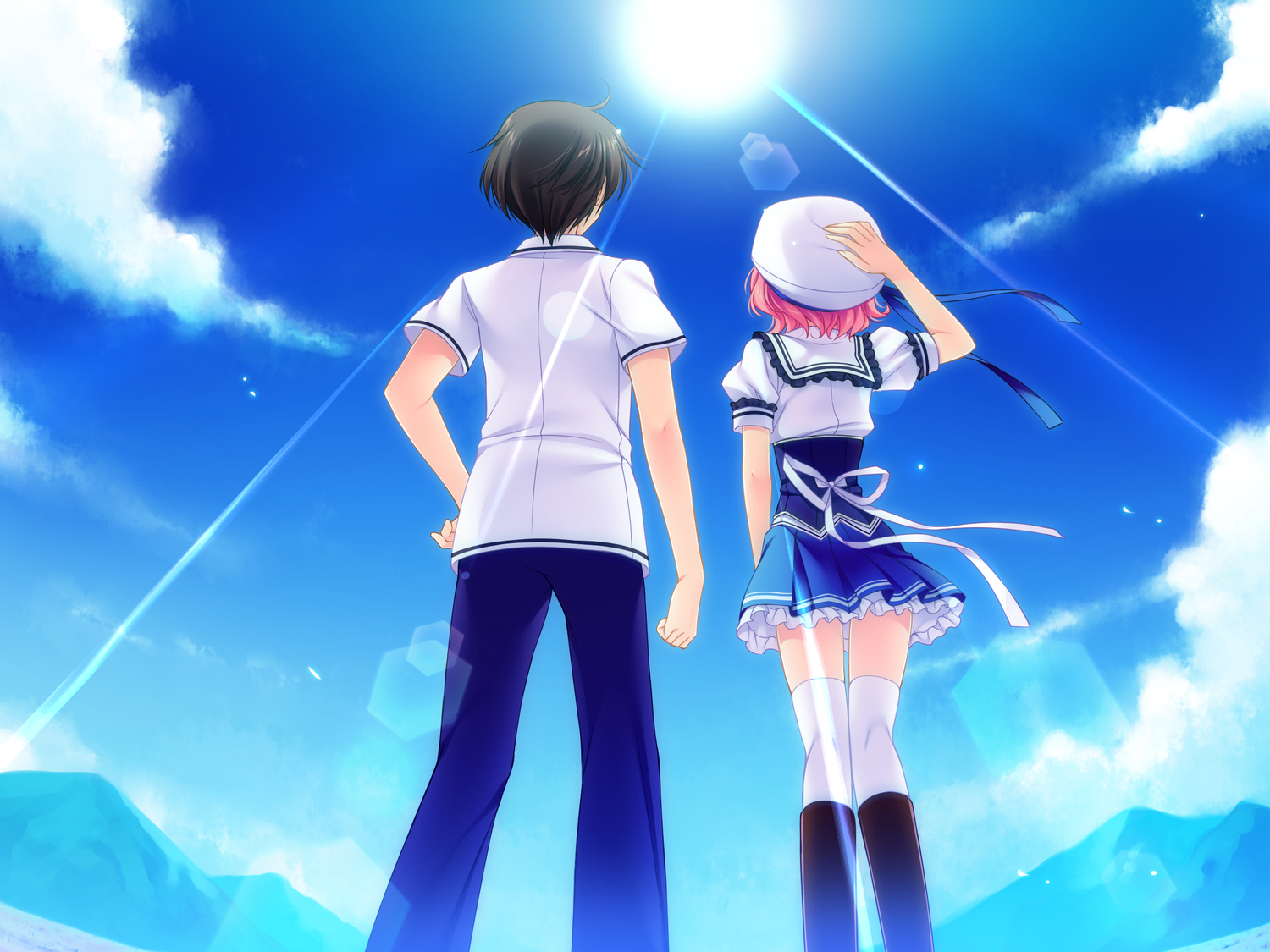 amagami_akito, boots, brown_hair, clouds, game_cg, hat, himezono_risa, mitha