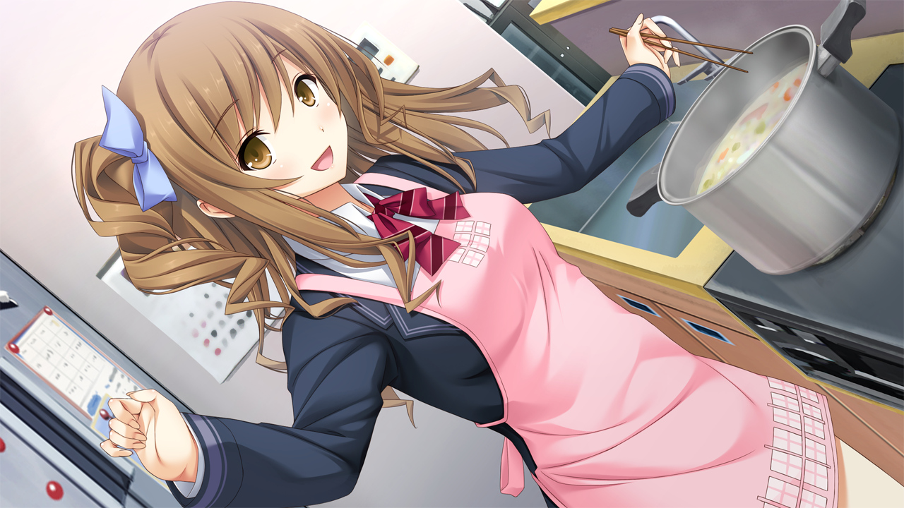 apron, brown_hair, food, game_cg, giga, haruhino_misaki, hotchkiss, mikoto_akemi, school_uniform