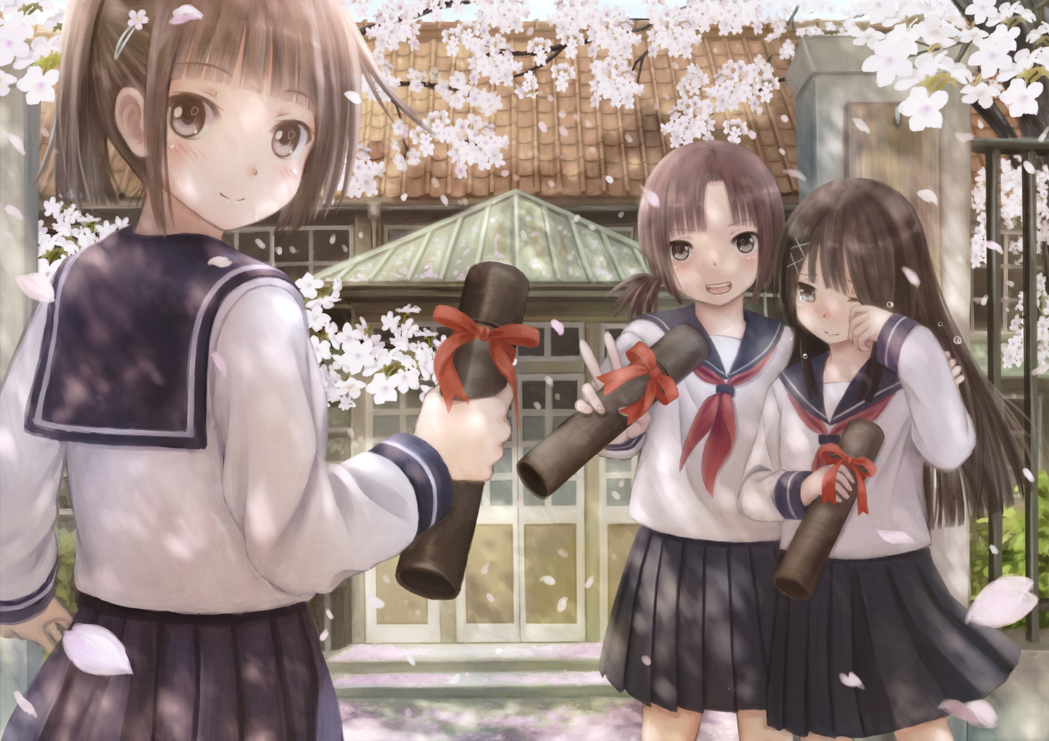 brown_eyes, brown_hair, cherry_blossoms, flowers, long_hair, original, school_uniform, short_hair