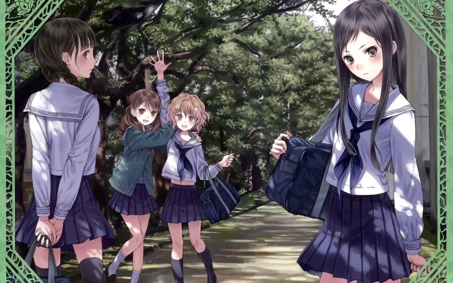 hanasaku_iroha, kishida_mel, matsumae_ohana, oshimizu_nako, school_uniform, tsurugi_minko, wakura_yuina