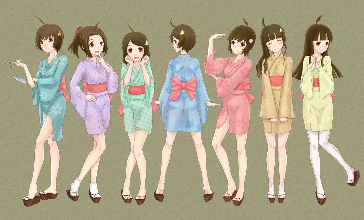 ant_(fenixant), araragi_tsukihi, barefoot, brown_eyes, brown_hair, japanese_clothes, kneehighs, monogatari_(series), nisemonogatari, short_hair, yukata