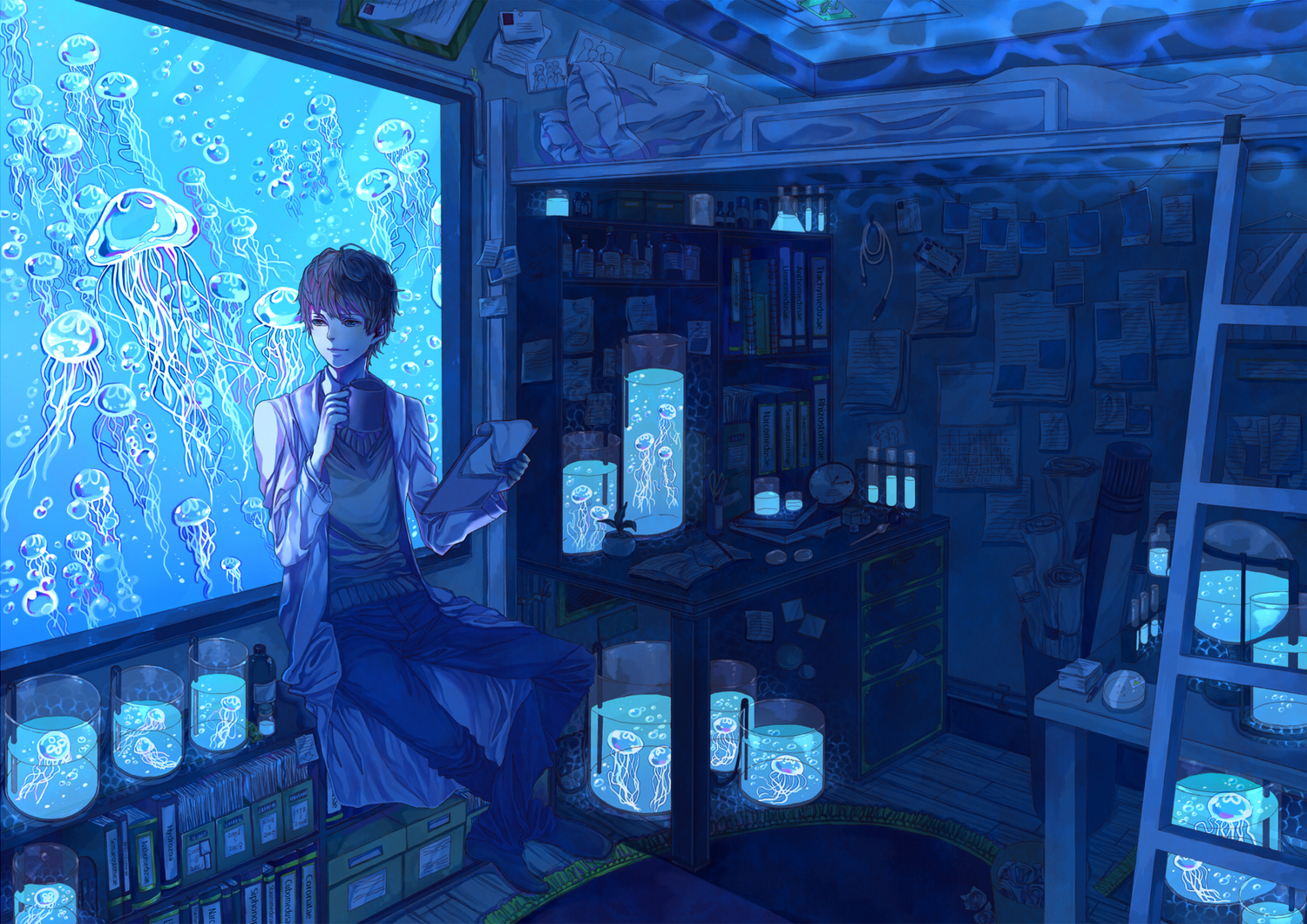 all_male, animal, bed, book, brown_hair, bubbles, drink, male, original, paper, short_hair, sorax2112, water