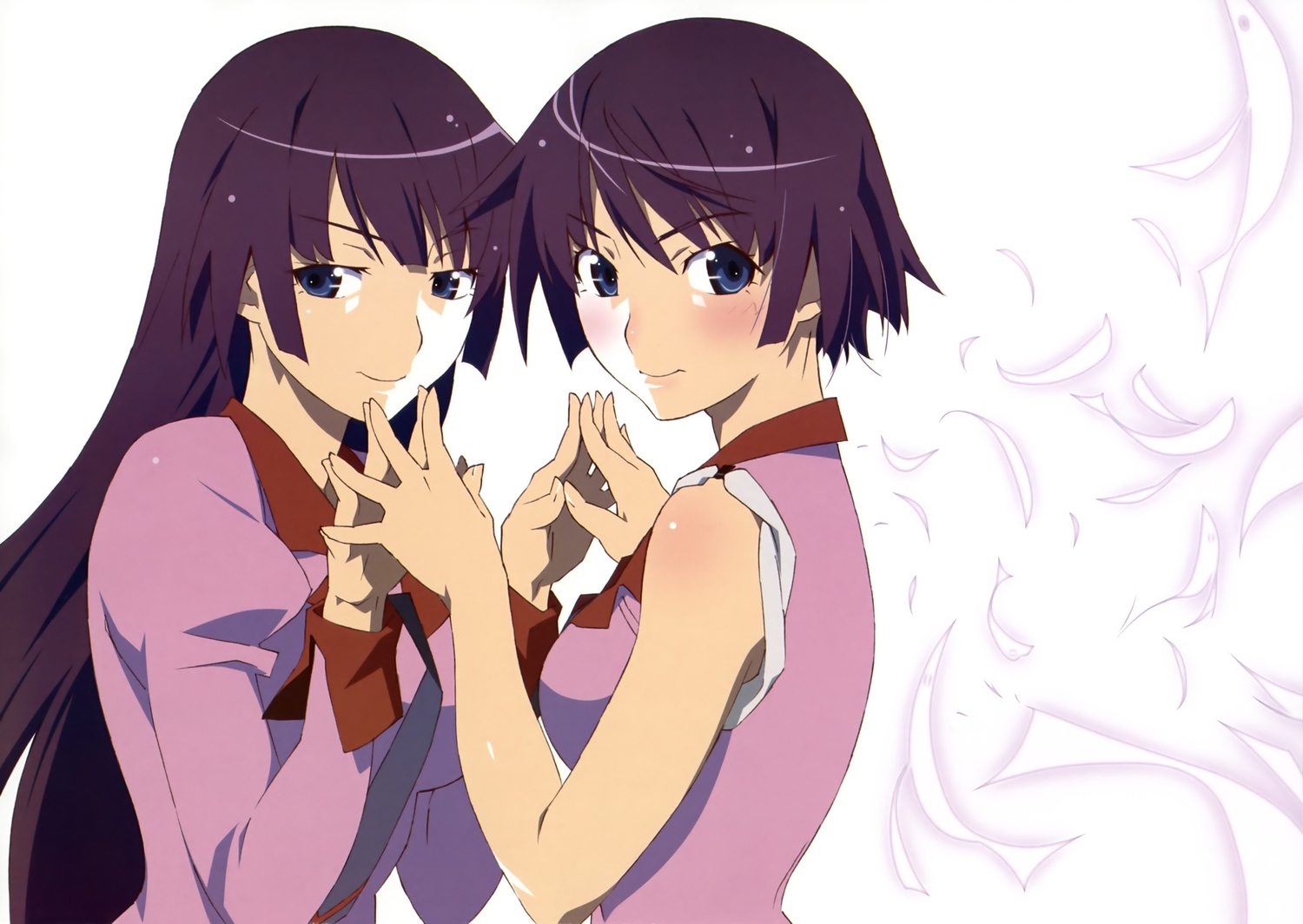 bakemonogatari, monogatari_(series), nisemonogatari, purple_hair, scan, school_uniform, senjougahara_hitagi, yamamura_hiroki