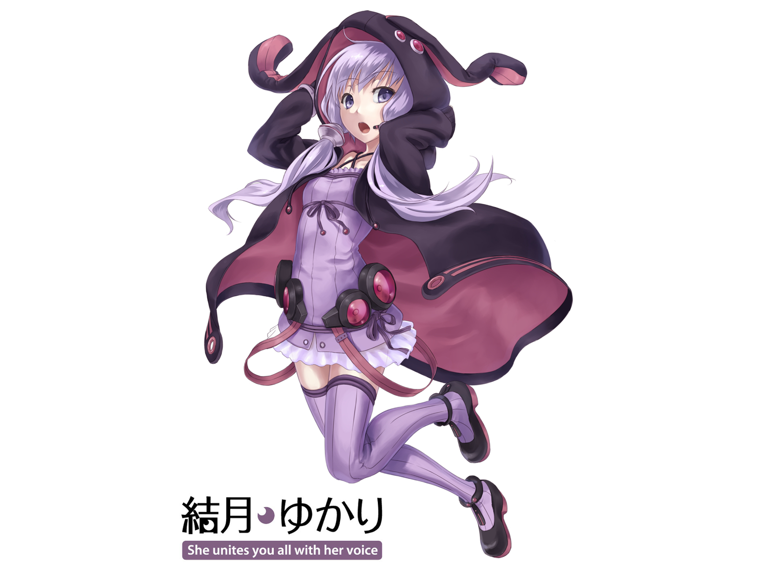 dress, hood, nakasaki_hydra, purple_eyes, purple_hair, thighhighs, twintails, vocaloid