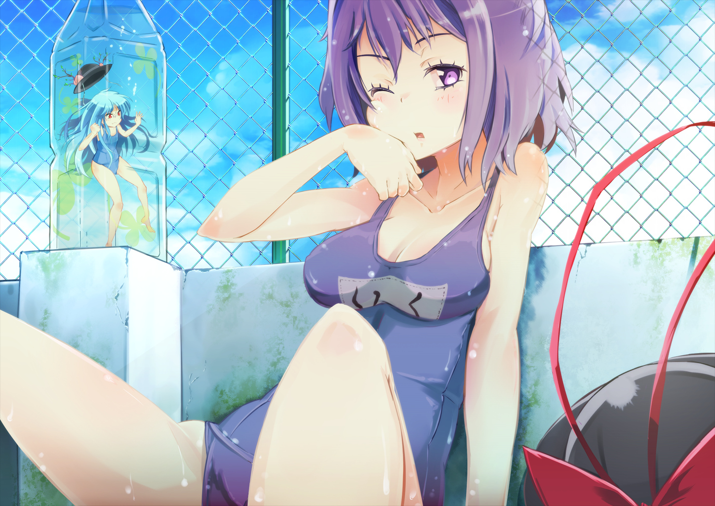 hat, hinanawi_tenshi, liking, nagae_iku, purple_eyes, purple_hair, swimsuit, touhou