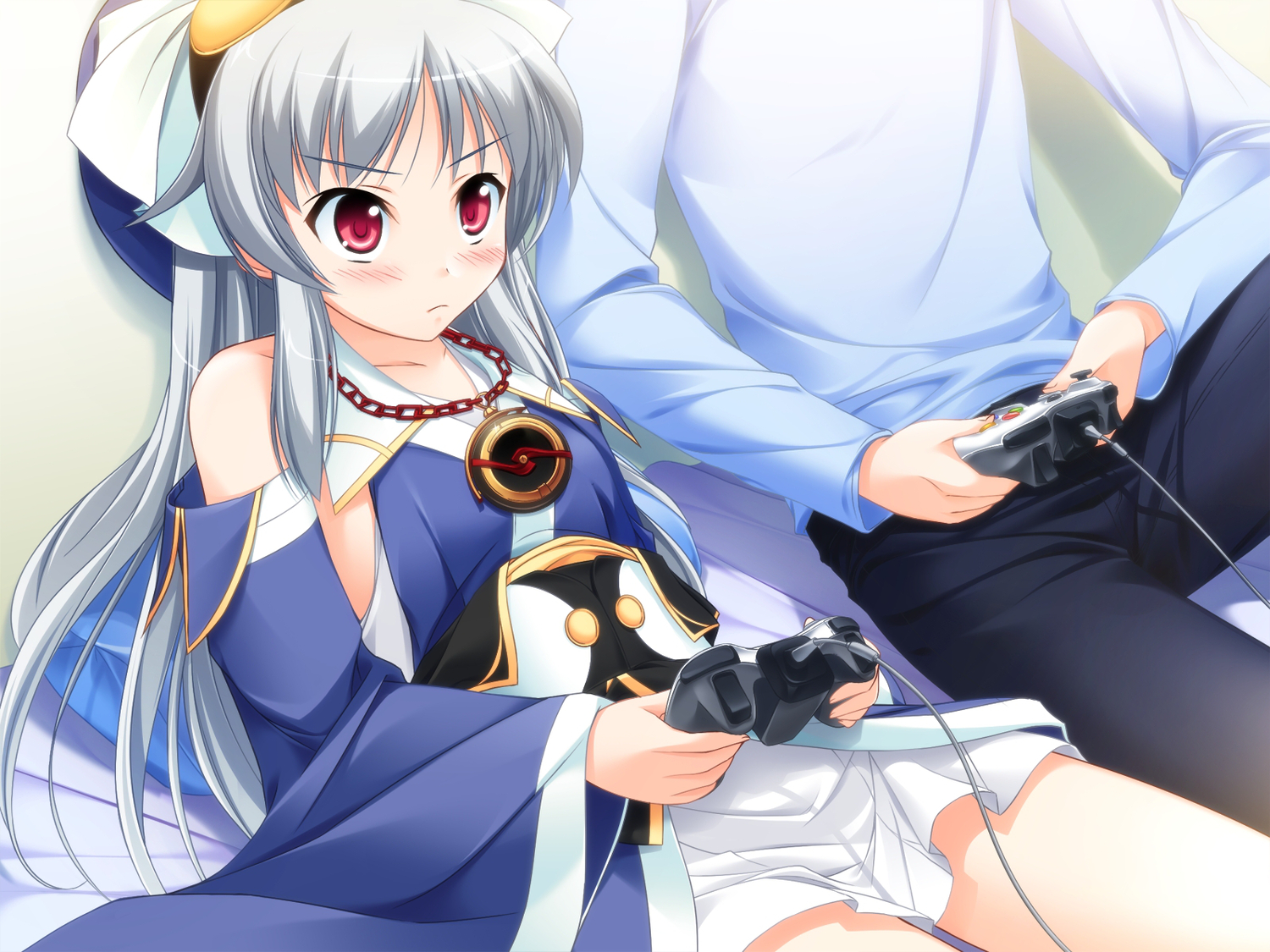 blush, game_cg, game_console, long_hair, lovekami, male, pulltop, red_eyes
