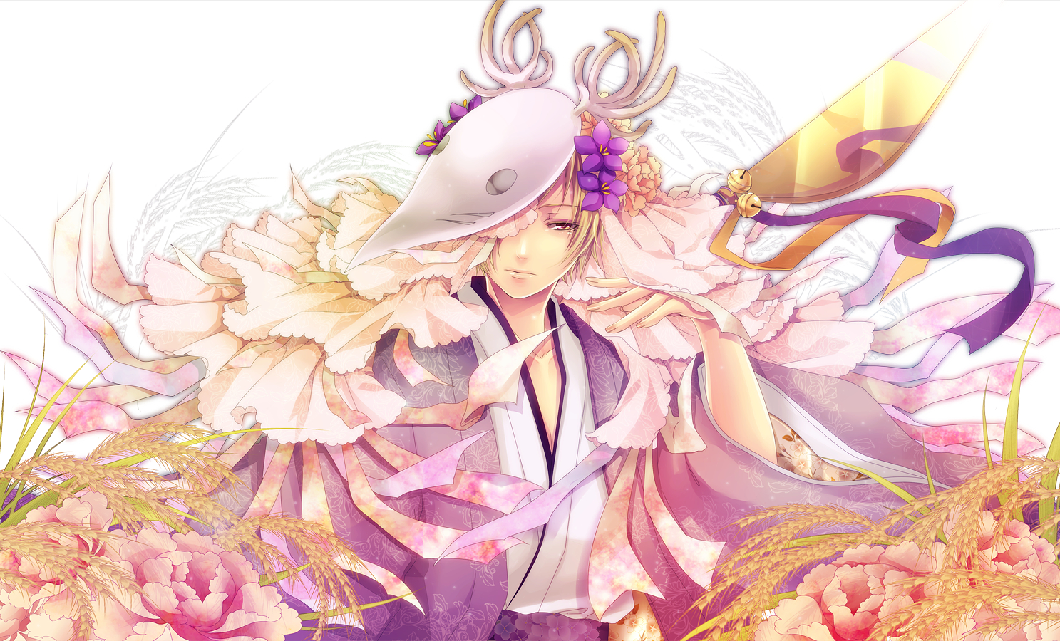all_male, domco, flowers, horns, japanese_clothes, kimono, male, mask