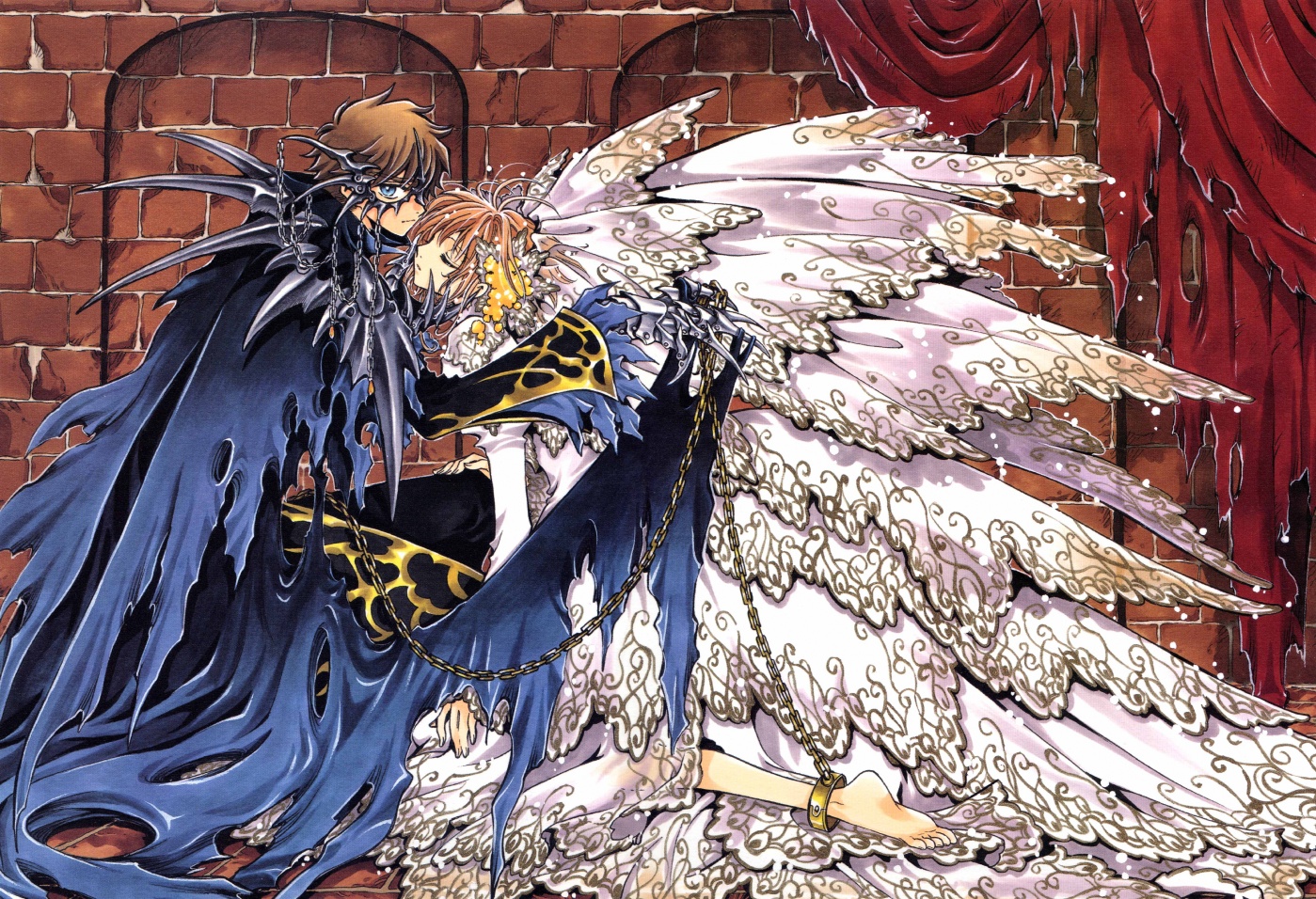 barefoot, blue_eyes, brown_hair, chain, clamp, dress, male, sakura_(tsubasa)