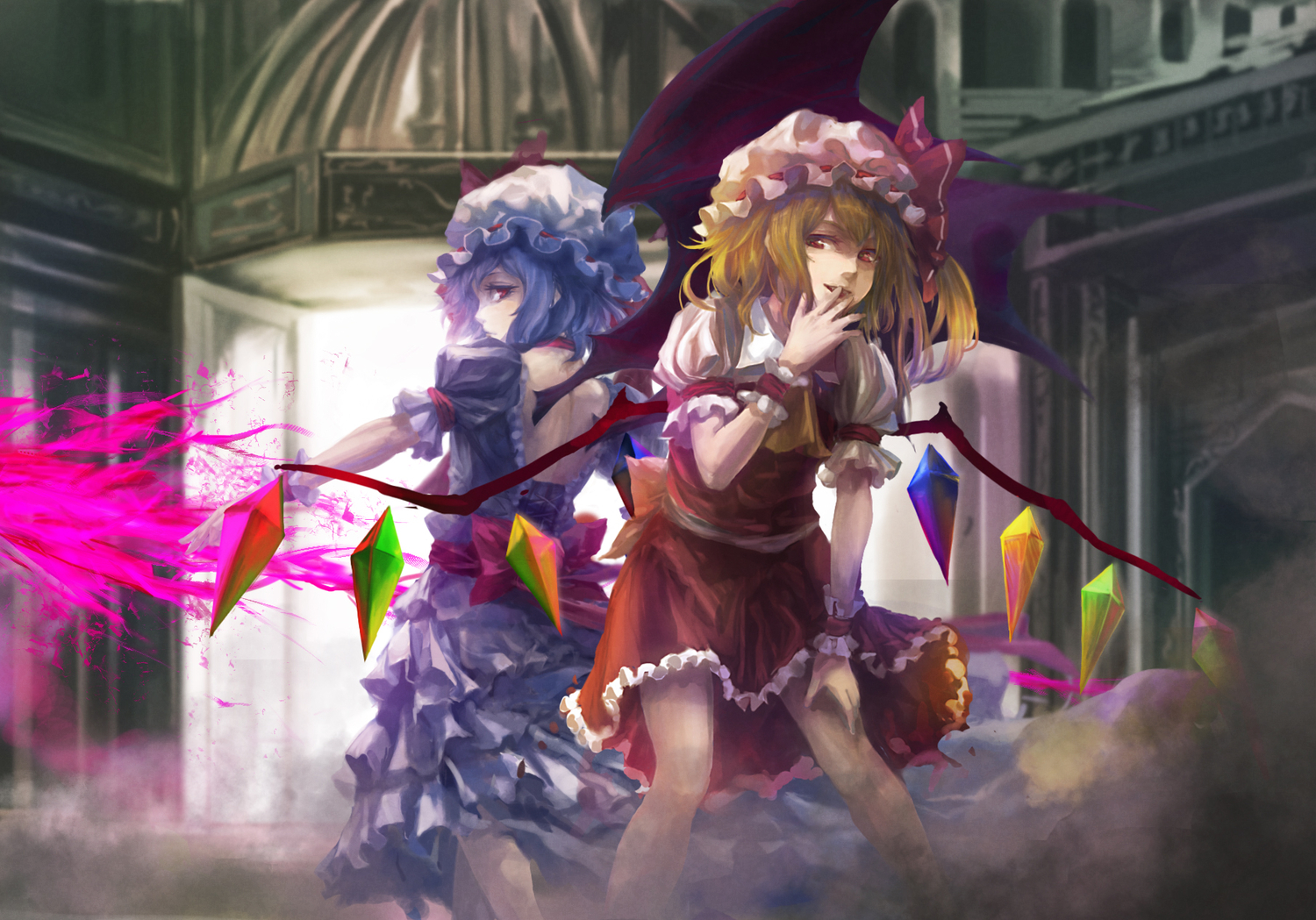 blonde_hair, blue_hair, dress, flandre_scarlet, hat, remilia_scarlet, takakyo, touhou, vampire, weapon, wings