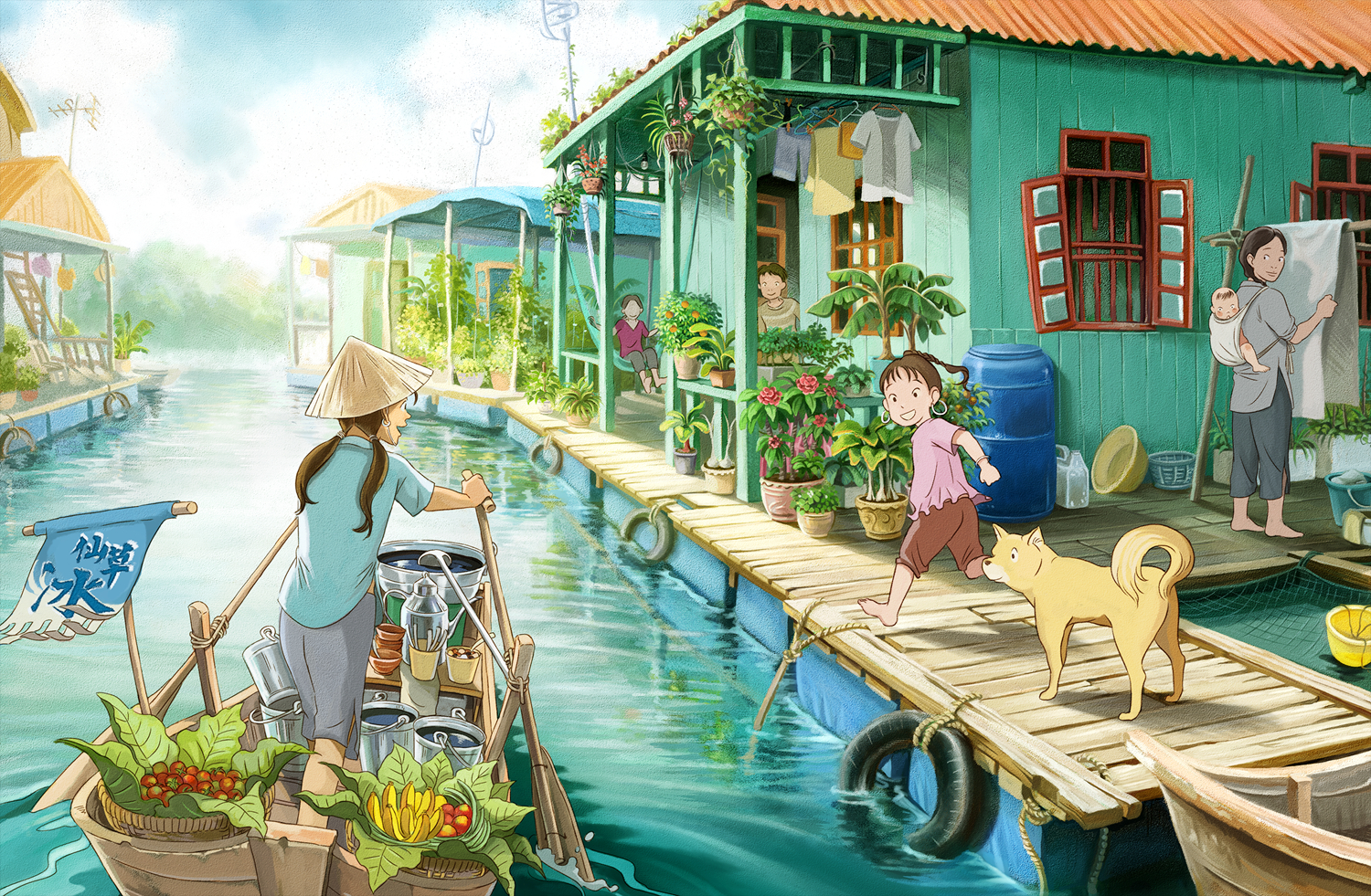 animal, barefoot, boat, brown_hair, dog, food, fruit, hat, original, shite_kudasai, water