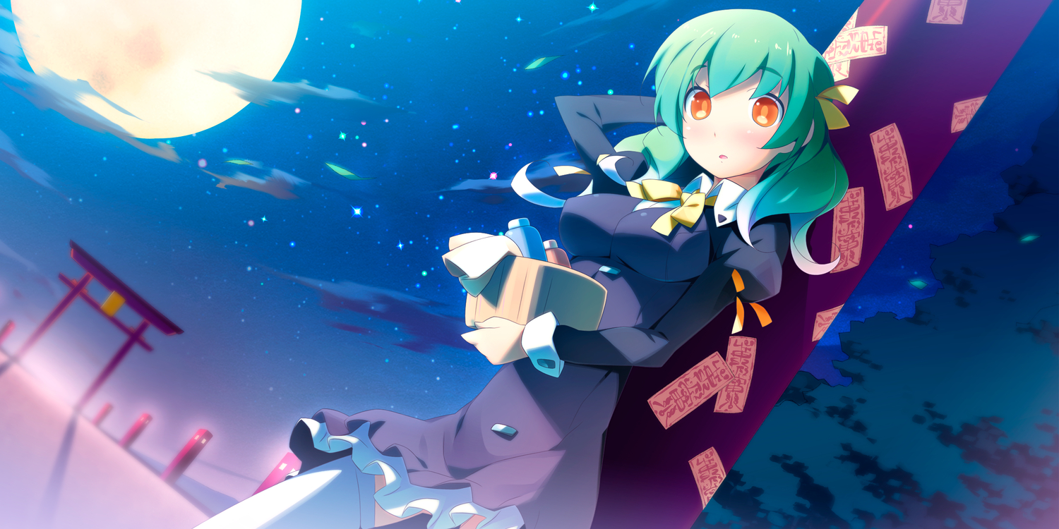 akinoko, game_cg, green_hair, kaminoyu, koushina_ayano, moon, night, stars