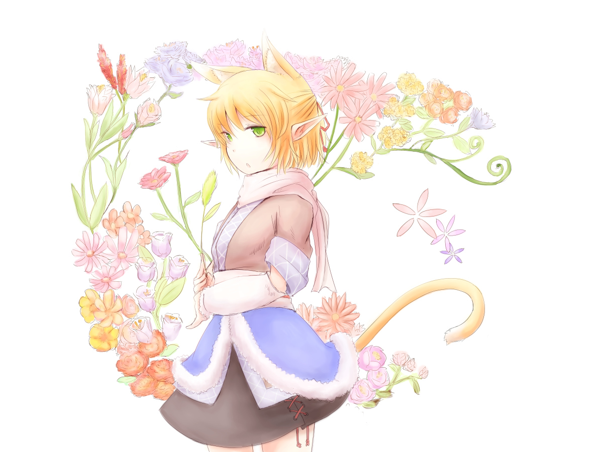 animal_ears, blonde_hair, blush, catgirl, flowers, green_eyes, kokotetsu, mizuhashi_parsee